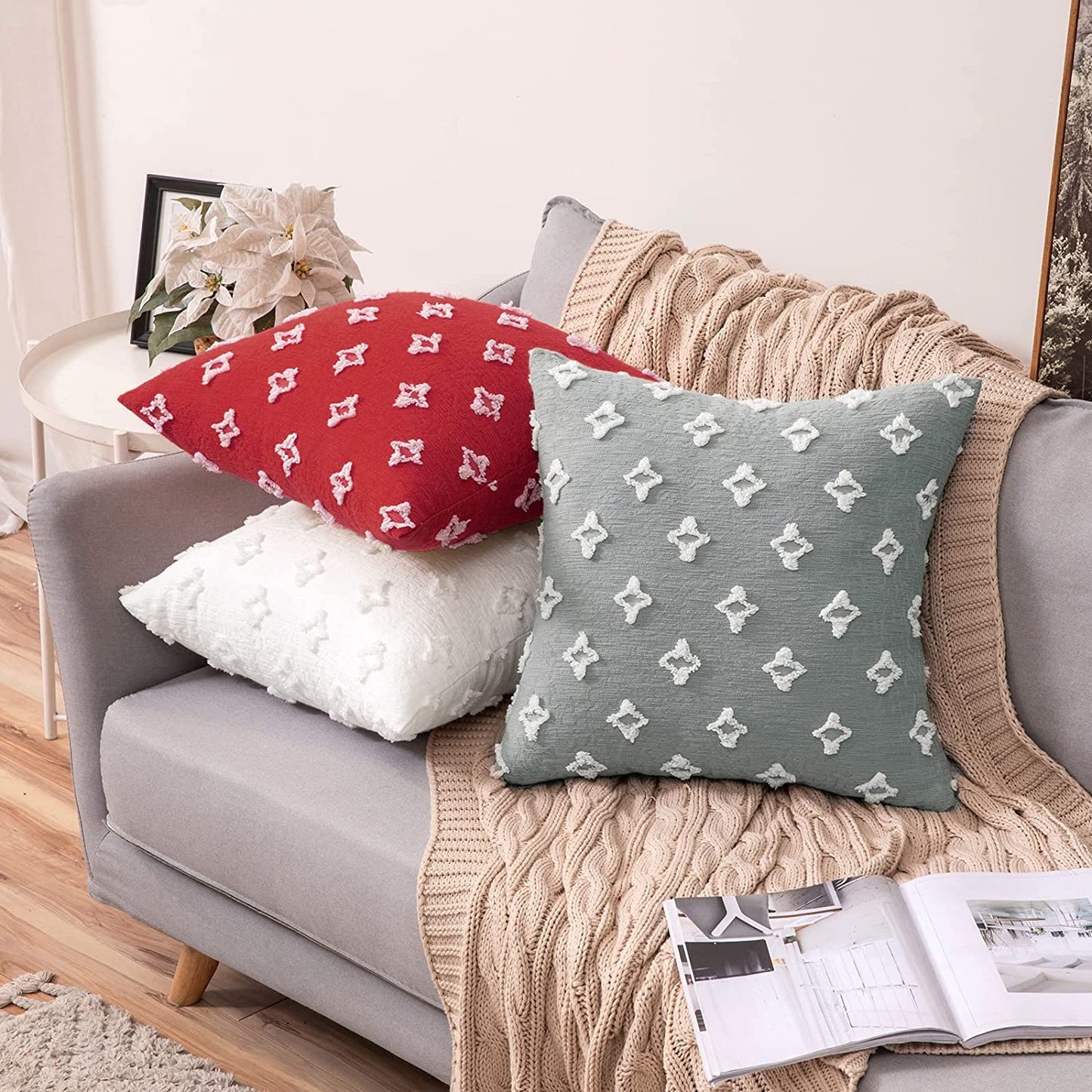 Velvet Throw Pillow Diamond Jacquard Soft Couch Pillows Set of 2 (Inserts + Pillow Covers, Red)