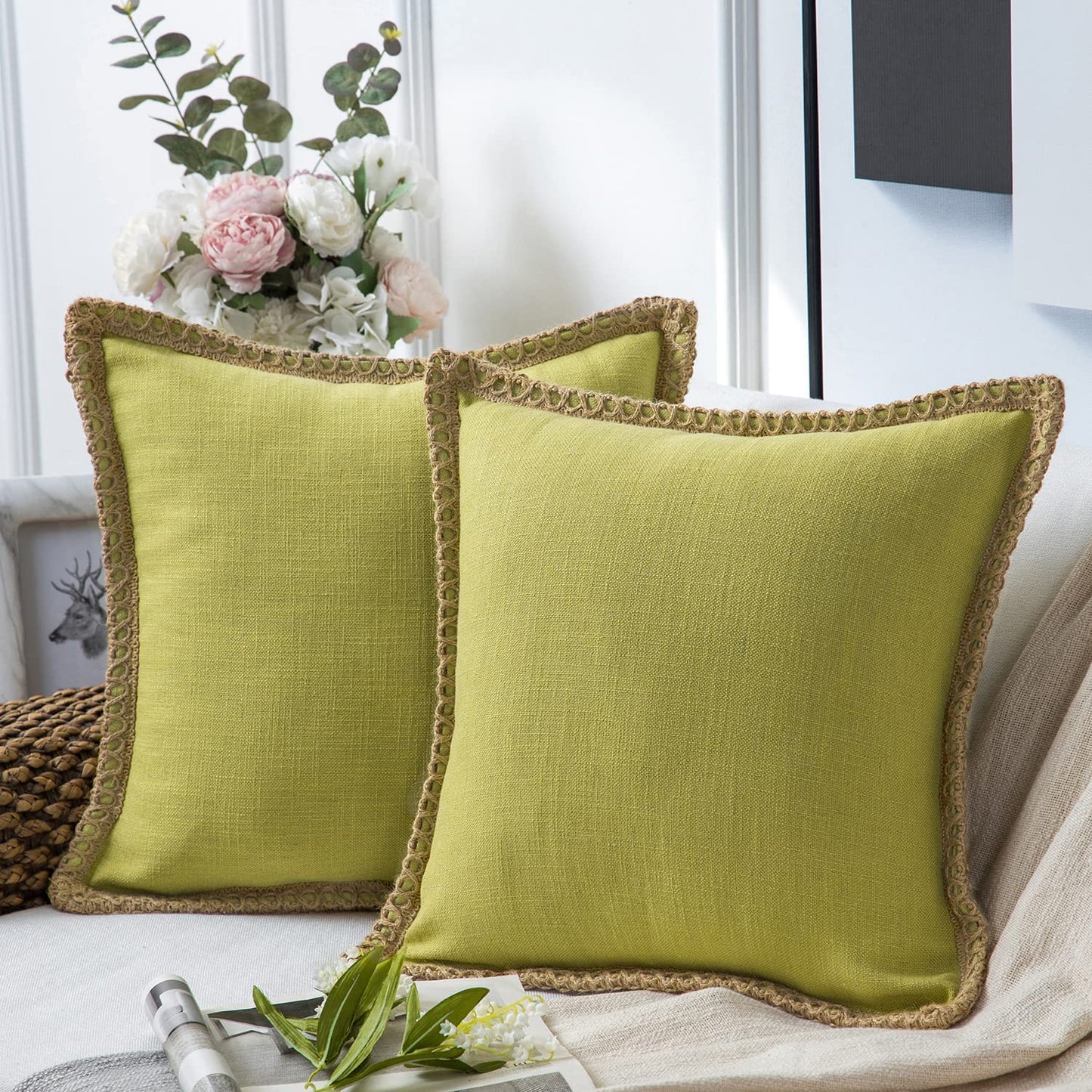 Pack of 2 Farmhouse Decorative Throw Pillow Covers Burlap Linen Trimmed Tailored Edges ,for Couch Sofa Living Room Decor - Sage Green