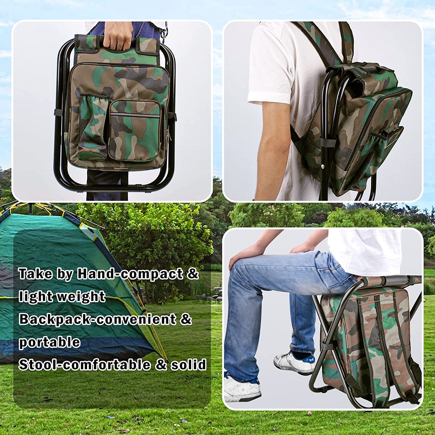Folding Stool Backpack Insulated Cooler Bag, Collapsible Camping Hunting Fishing Multifunction Chair with Front Pocket and Bottle Pocket for Outdoor Events, Hiking, Travel, Beach