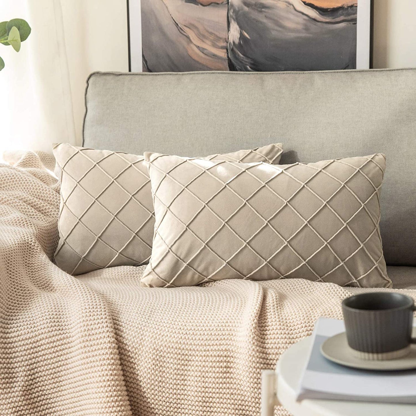 Velvet Throw Pillow Square Soft Couch Pillows Set of 2 (Inserts + Pillow Covers, Mix Pink and Grey)