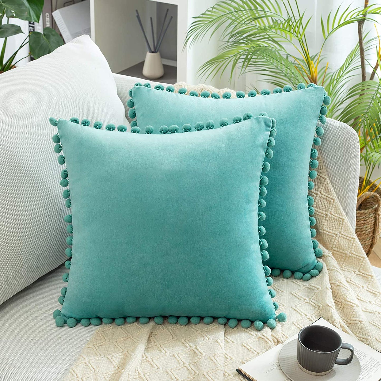 2x  Square Throw Pillows with Cute Pom-poms for Couch Sofa Bedroom Decor (Inserts + Pillow Covers, Teal Green)