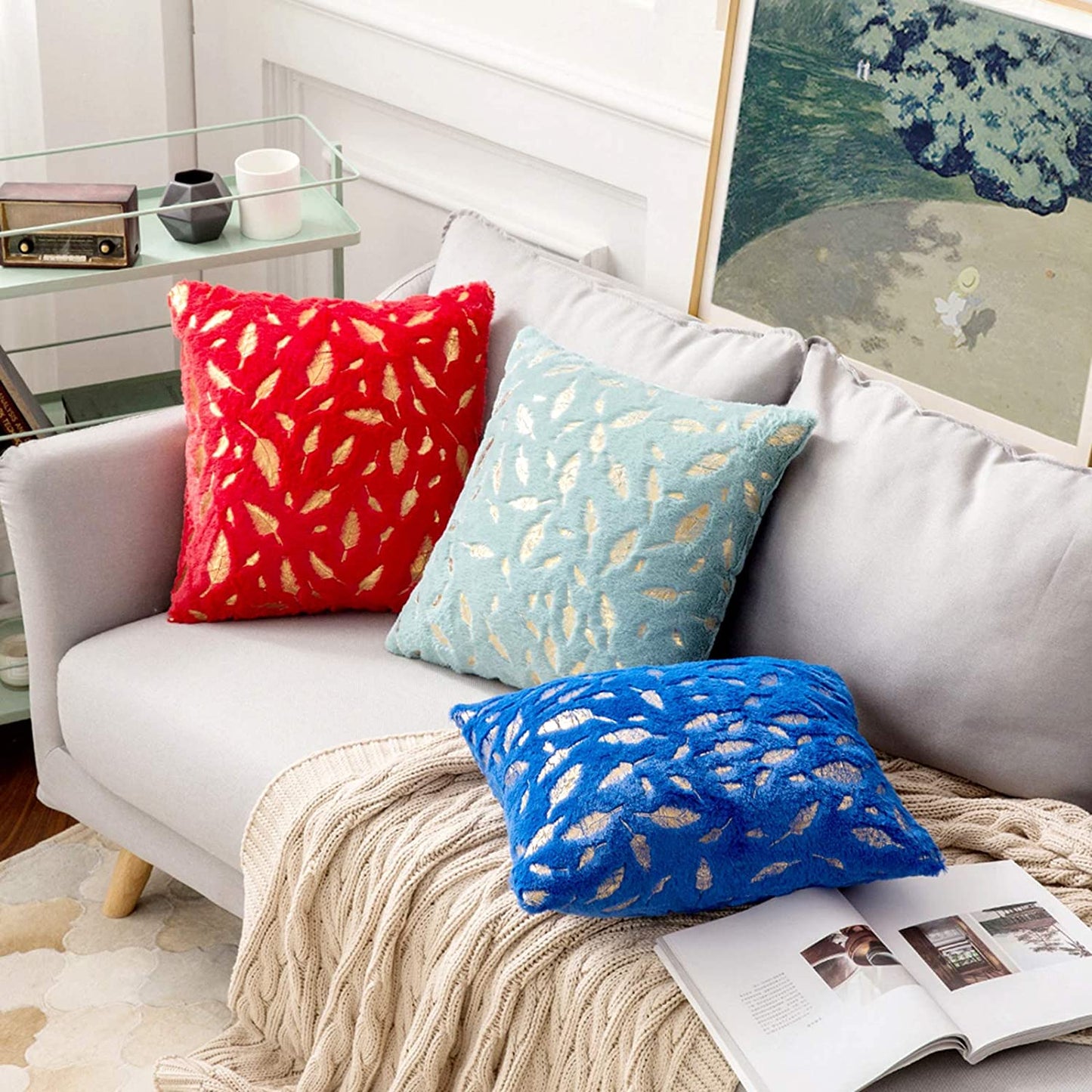 2x Square Throw Pillows Decorative Faux Fur Gold Feathers Gilding Leaves Cushion Cases Soft Fluffy(Inserts + Pillow Covers,Green)