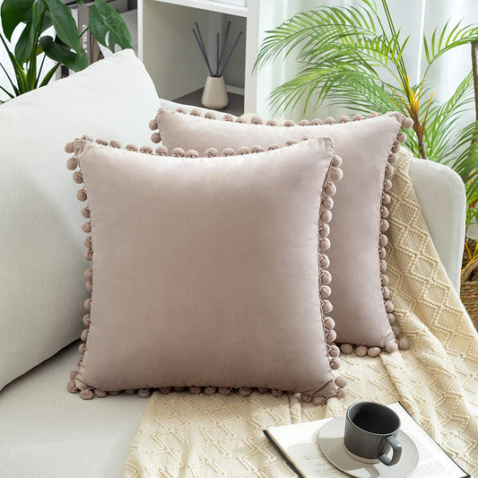 2x  Square Throw Pillows with Cute Pom-poms (Inserts + Pillow Covers, Pink Mix Grey)