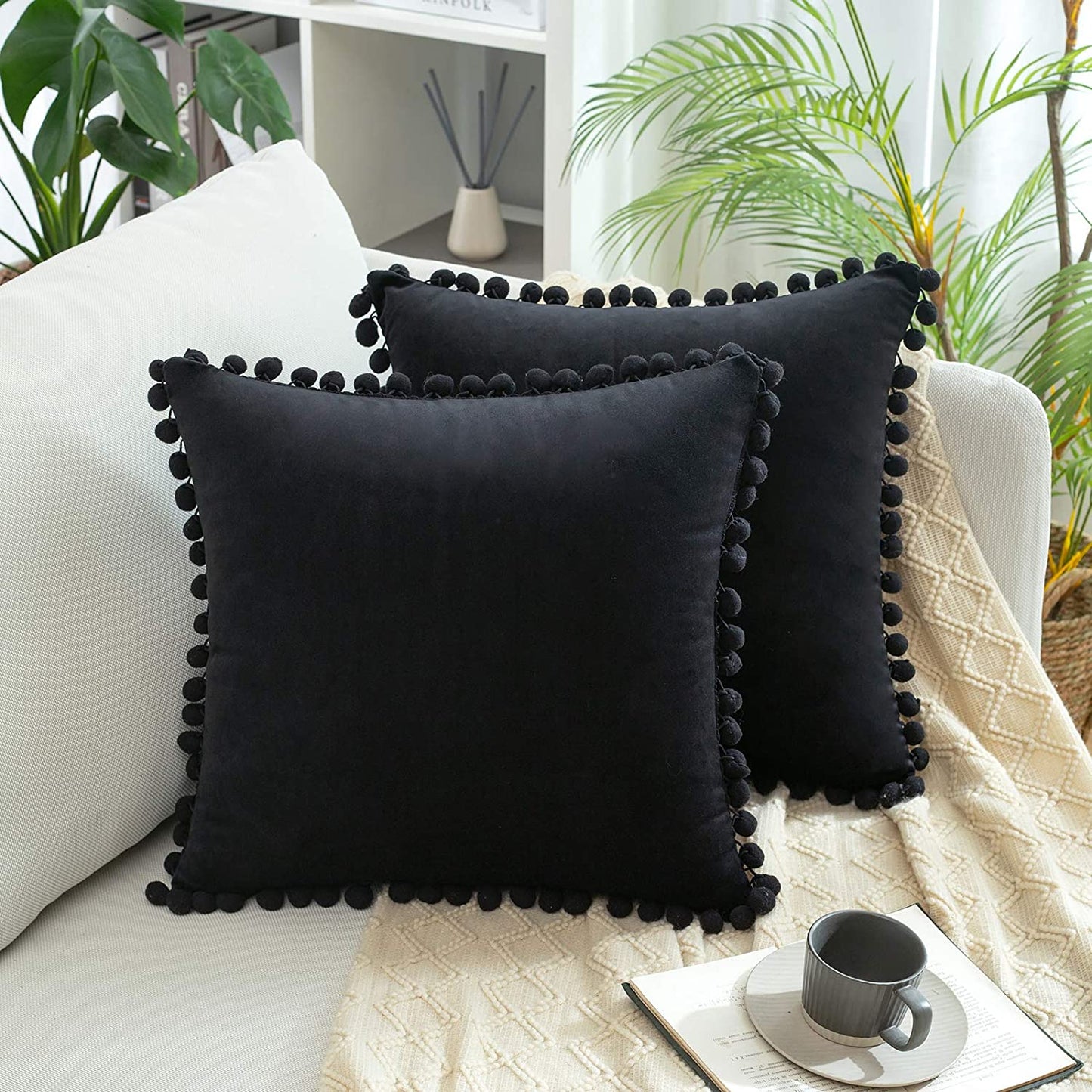 2x  Square Throw Pillows with Cute Pom-poms for Couch Sofa Bedroom Decor (Inserts + Pillow Covers,Black)