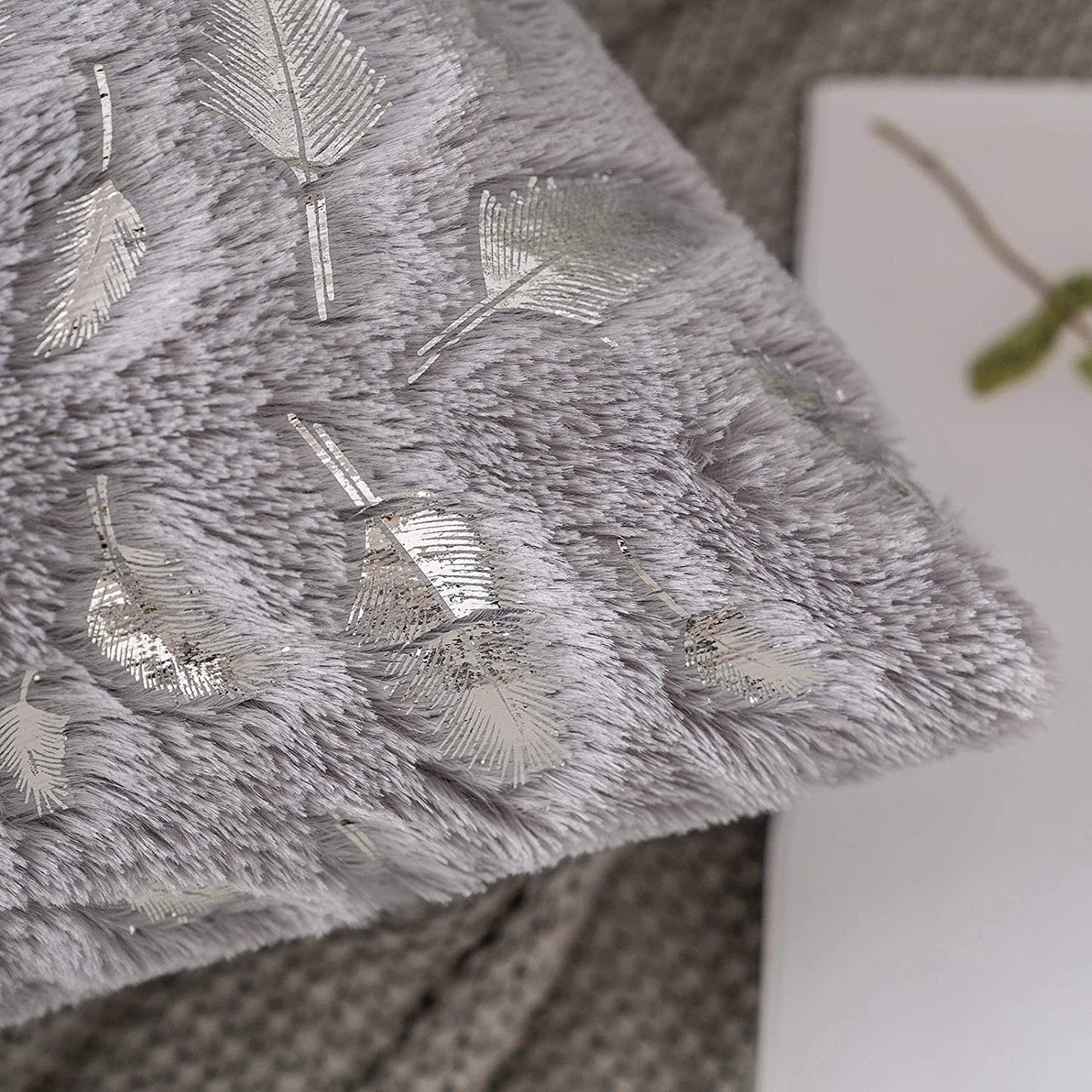 2x Square Throw Pillows Decorative Faux Fur Silver Feathers Silver Leaves Cushion Cases Soft Fluffy(Inserts + Pillow Covers, Dove)