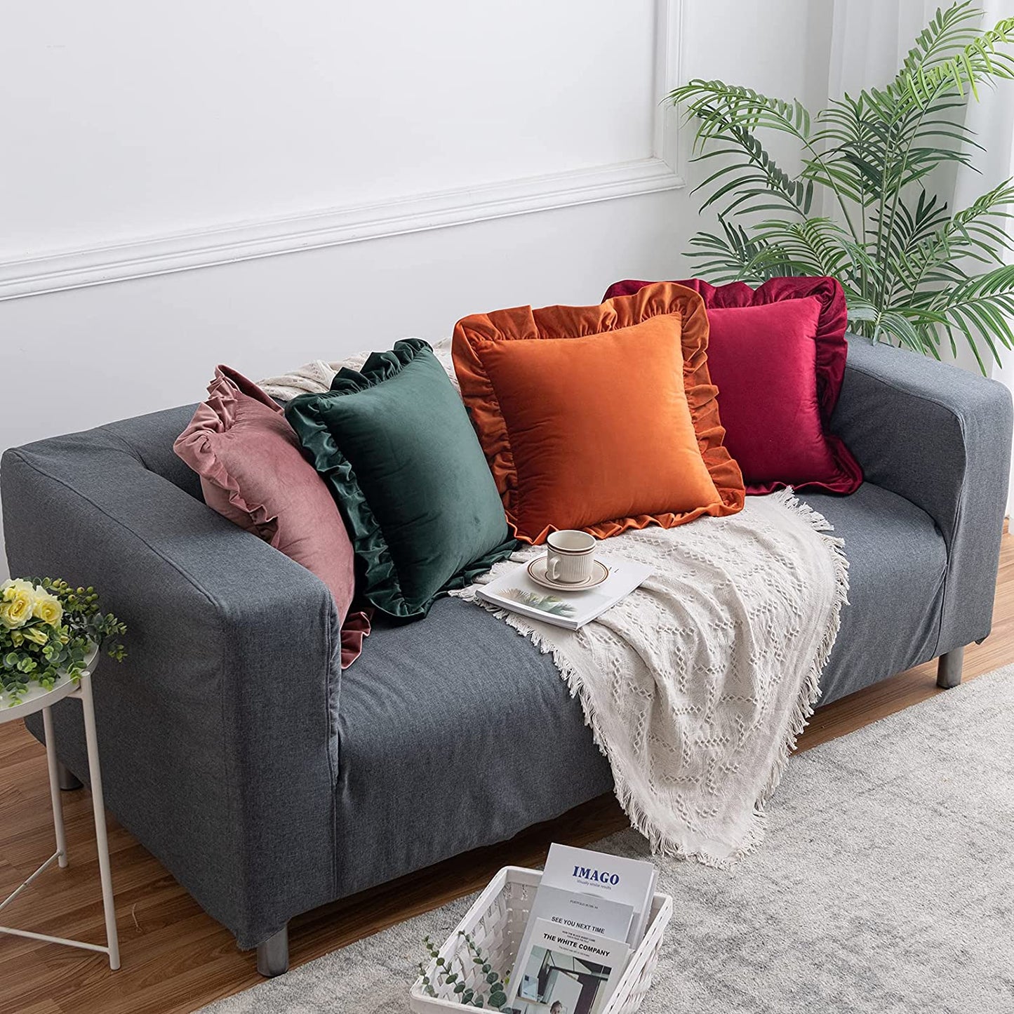 Pack of 2 Velvet Throw Pillow Covers with Ruffle, for Couch Sofa Living Room Decor(Inserts + Pillow Covers)- Dark Green