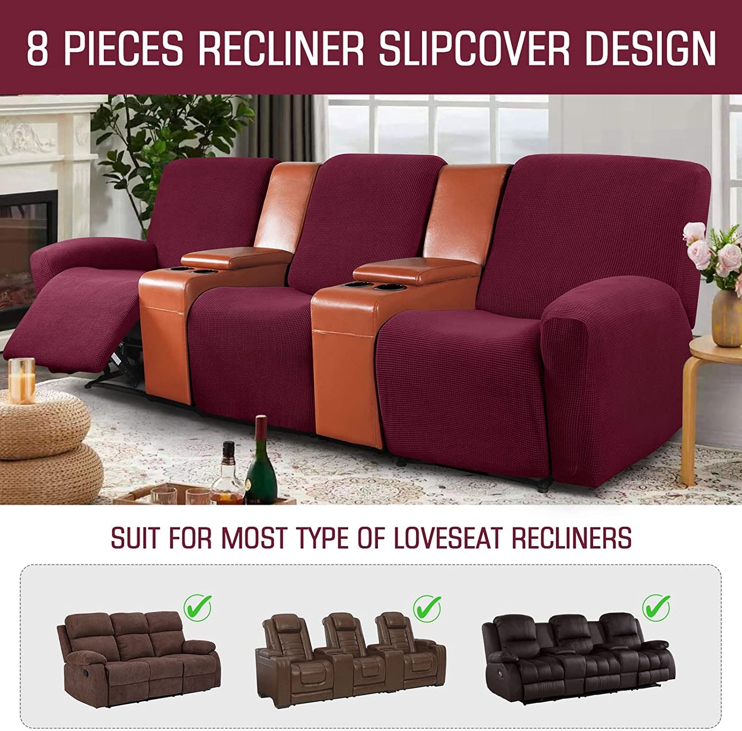Recliner Sofa Covers Stretch for 1/2/3 Seats Jacquard Pattern Furniture Protector, Burgundy