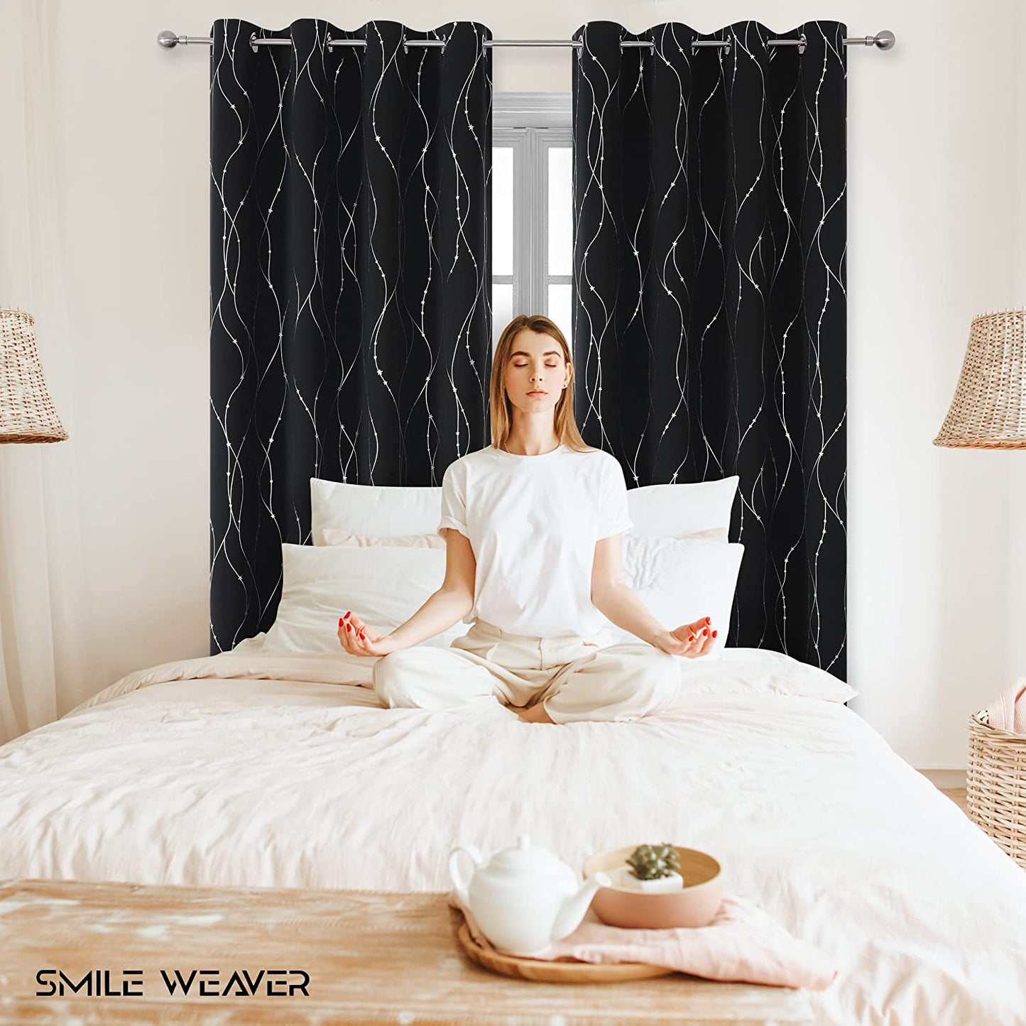 Black Blockout Curtains Bedroom Silver Star Print Design Thermal Insulated Room Darkening Window Treatment Grommet Drapes for Living Room/Kids Game Room Set of 2 Panels