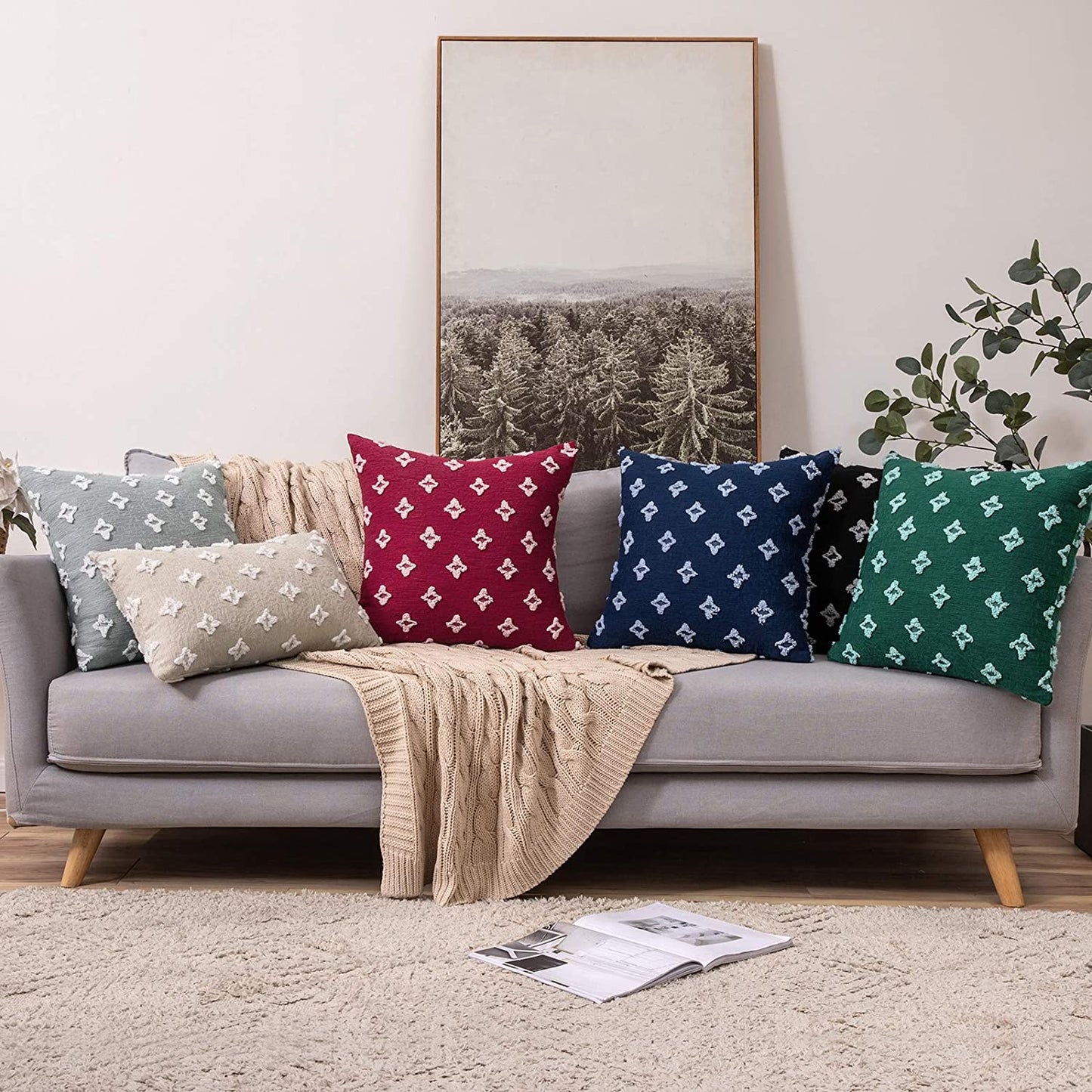 Velvet Throw Pillow Diamond Jacquard Soft Couch Pillows Set of 2 (Inserts + Pillow Covers, Burgundy)