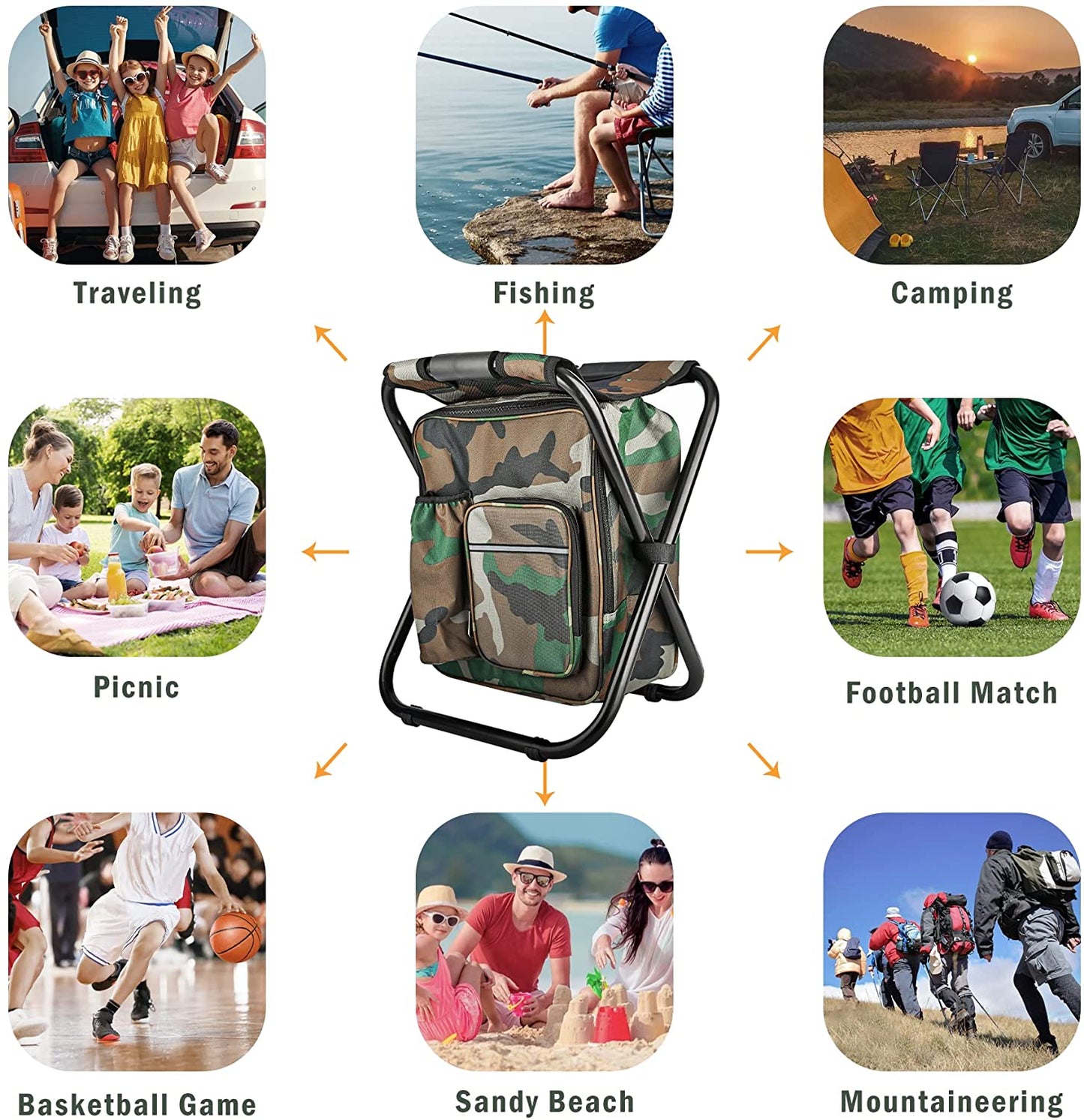Folding Stool Backpack Insulated Cooler Bag, Collapsible Camping Hunting Fishing Multifunction Chair with Front Pocket and Bottle Pocket for Outdoor Events, Hiking, Travel, Beach