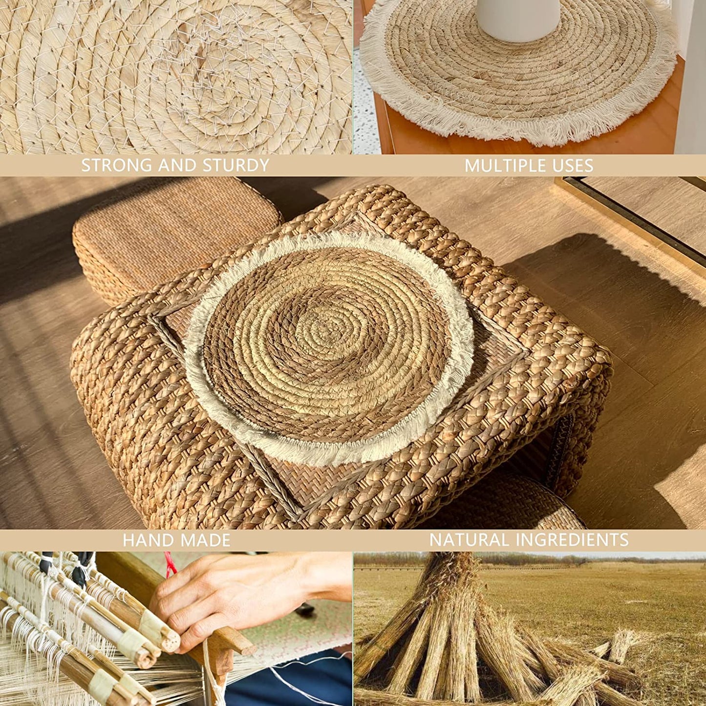 Natural Round 4/6/8 of Set Straw Braided Placemat with Tassel Boho Handmade Rattan Weave Heat Resistant Mats for Kitchen Table Decor(15")