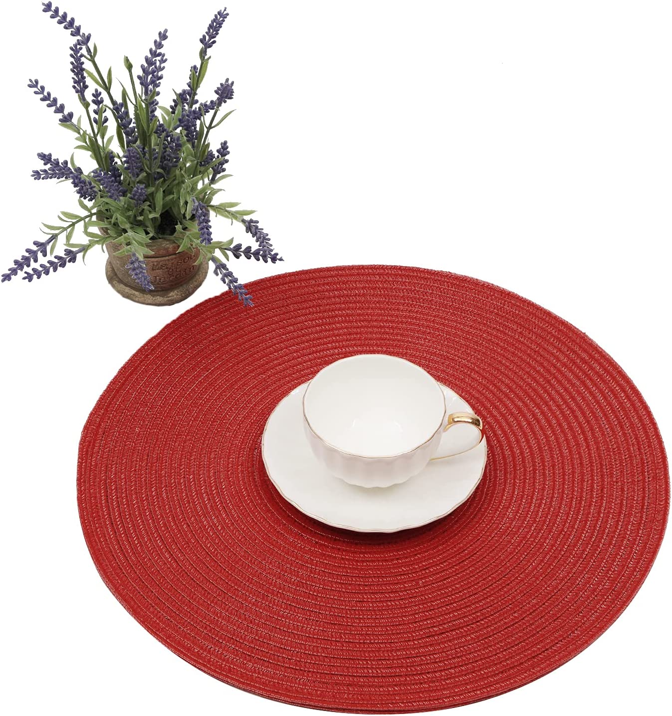 Round Placemats Set of 4/6/8 for Dining Tables 14 inch Cotton Braided Placemats Washable Reversible for Kitchen Holiday Party（Red）