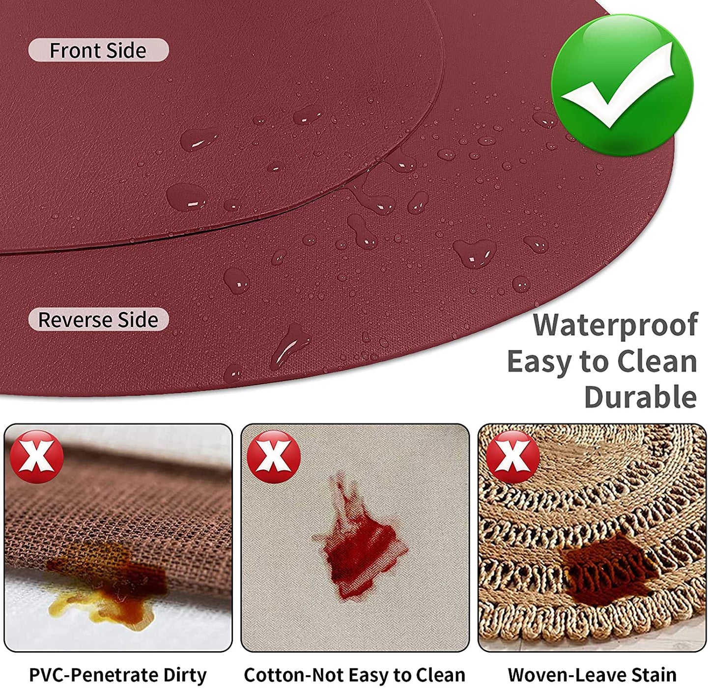 Cozy Life Modern Placemats Set of 4/6/8, Round Leather Placemats for Kitchen Dining Table, Heat Resist Easy to Clean Oval placemats(Red)