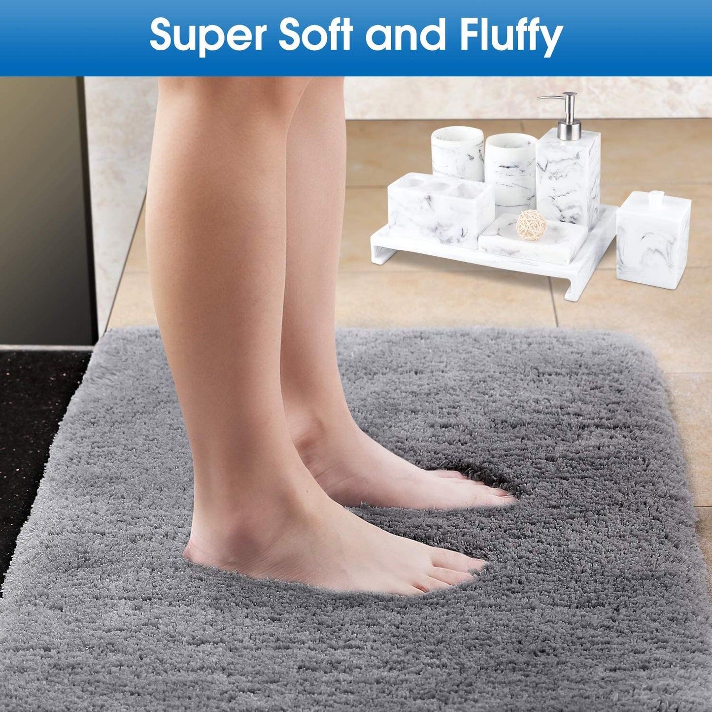 Bathroom Rug Bath Mat, Water Absorbent Shaggy Bathroom Mat, Non Slip Microfiber Machine Washable Bathroom Mat for Bathroom, Shower, Tub, Gray