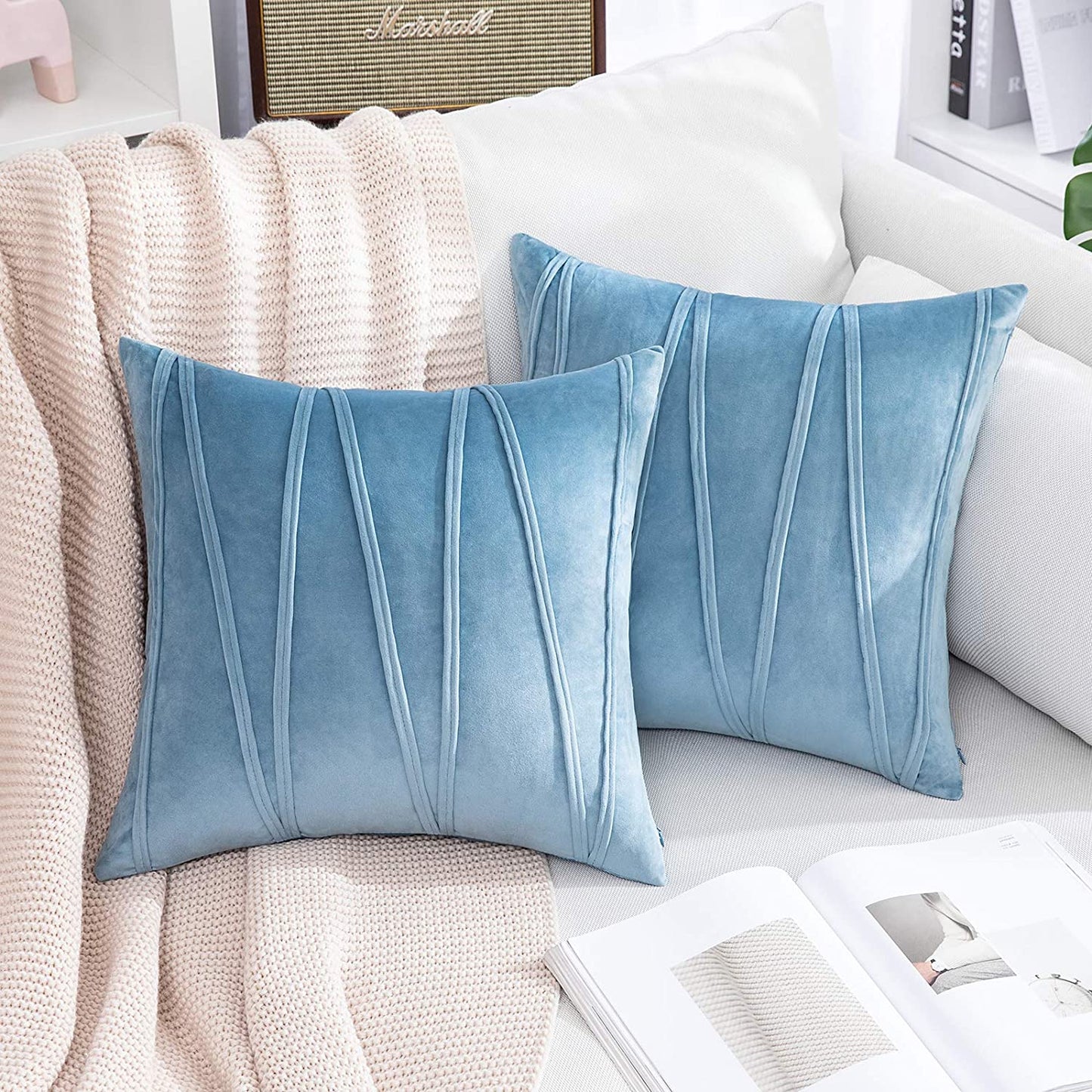 2x Velvet Throw Pillows for Couch Bed Sofa (Inserts + Pillow Covers, Light Blue)