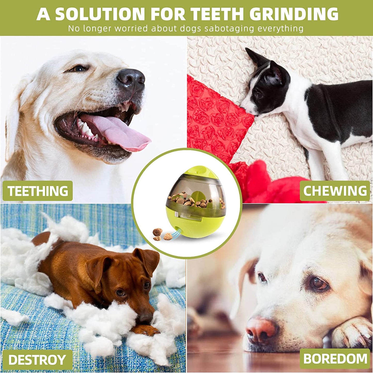 Dog Treat Ball, IQ Treat Dispensing Dog Toys, Interactive Food Puzzles Ball for Dogs, Pet Slow Feeder Ball (10cmx12cm, Green)