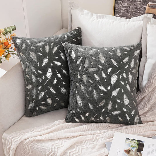 2x Square Throw Pillows Decorative Faux Fur Silver Feathers Silver Leaves Cushion Cases Soft Fluffy(Inserts + Pillow Covers, Grey)