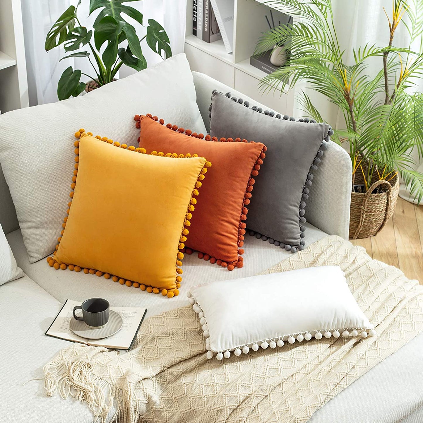 2x  Square Throw Pillow with Cute Pom-poms for Couch Sofa Bedroom Decor (Inserts + Pillow Covers, Orange)