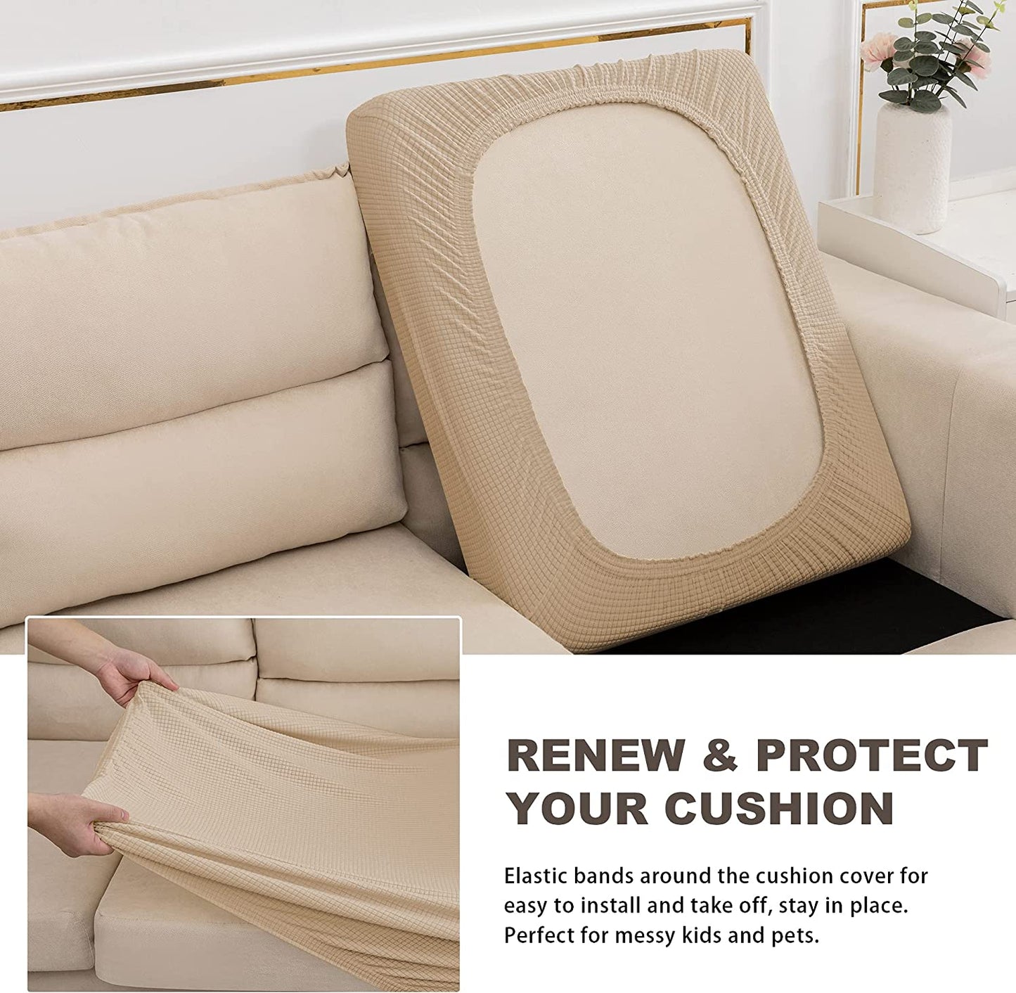 Water Repellent Sofa Couch Cushion Covers Sofa Seat Slipcover Suitable for 1/2/3 Setaer Furniture Protector, Non Slip Small Checks, Sand