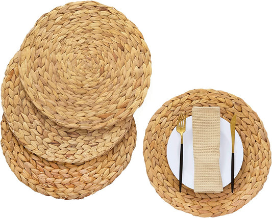 Round Woven Placemats - Set of4/6/ 8, Water Hyacinth Straw Braided Placemats, Heat Resistant Non-Slip Weave Placemats Handmade (11.8" Round)