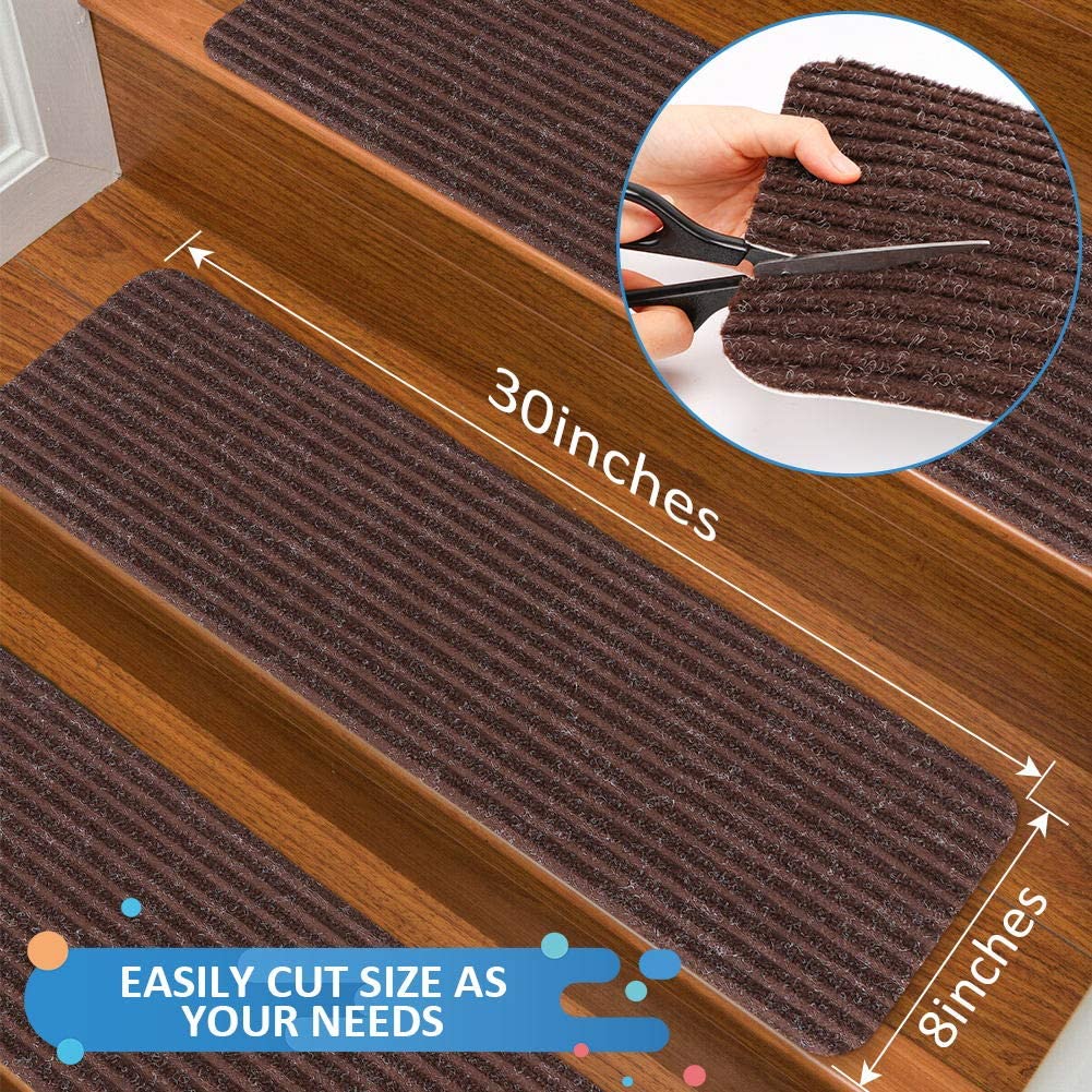 Stair Treads Carpet Non-Slip Indoor Stair Runners for Wooden Steps, Stair Rugs for Kids and Dogs, Set of 15, 8" X 30", Brown