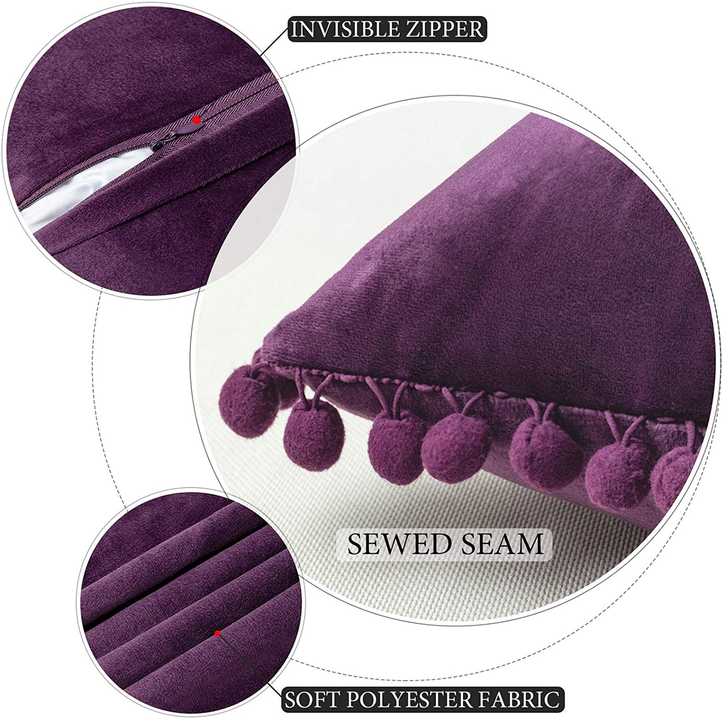 2x  Square Throw Pillows with Cute Pom-pom for Couch Sofa Bedroom Decor (Inserts + Pillow Covers,  Purple)