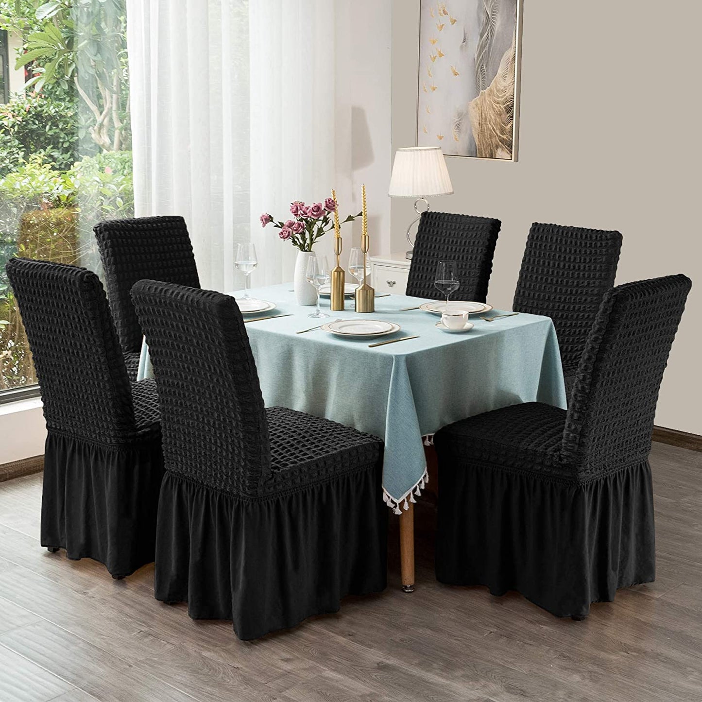 Stretchy Dining Room Chair Covers with Long Skirt, Suitable for families, parties, dirt resistant ,Set of 2/4/6/8 PCS,Black