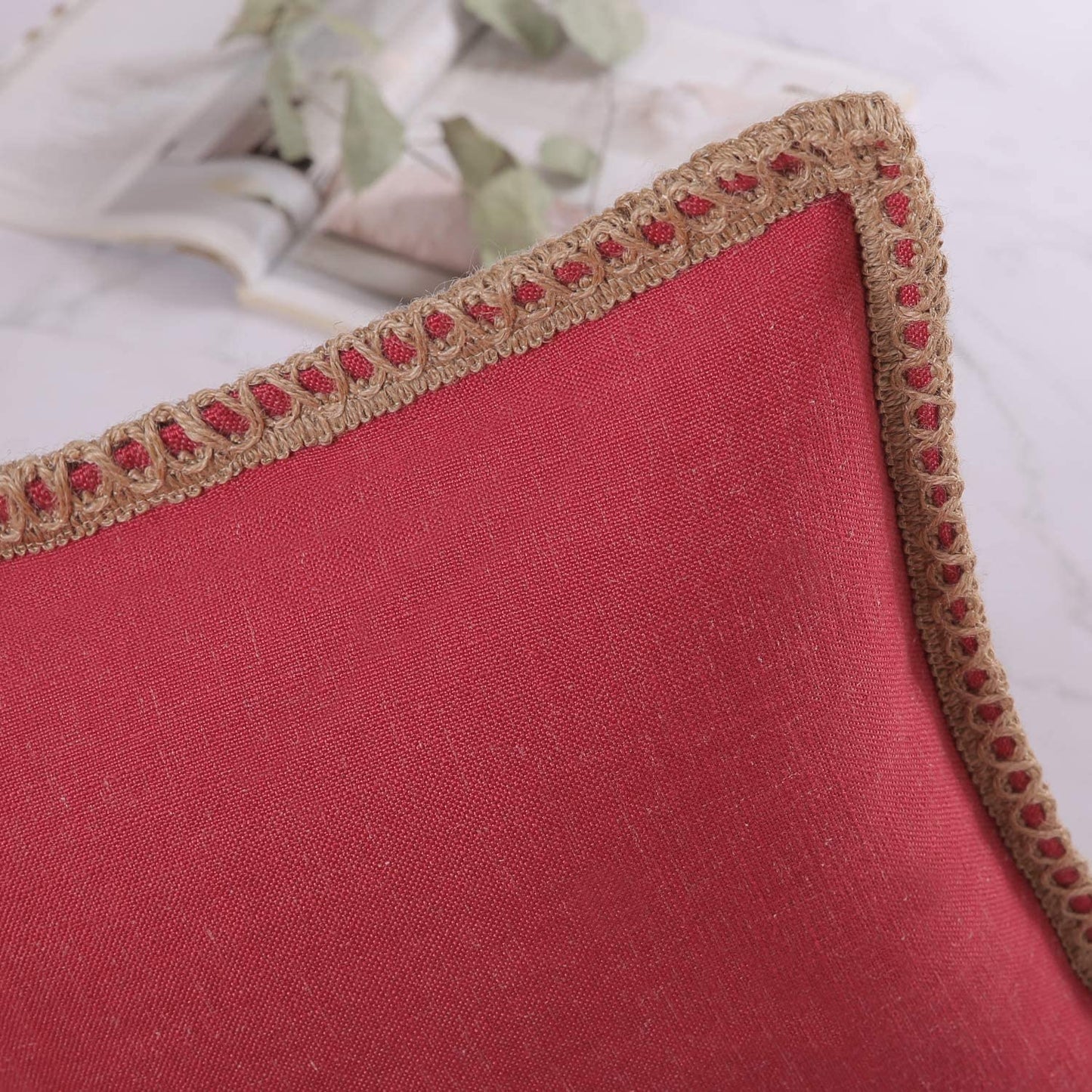 Pack of 2 Farmhouse Decorative Throw Pillow Covers Burlap Linen Trimmed Tailored Edges ,for Couch Sofa Living Room Decor - Red