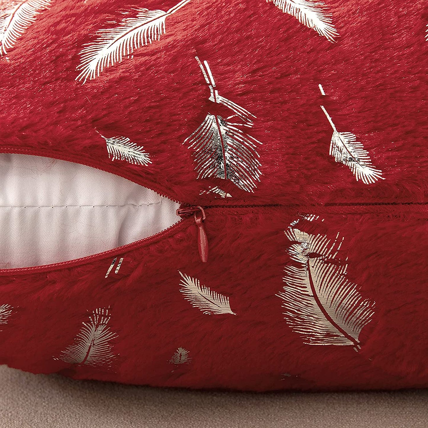 2x Square Throw Pillows Decorative Faux Fur Silver Feathers Silver Leaves Cushion Cases Soft Fluffy(Inserts + Pillow Covers, Red)