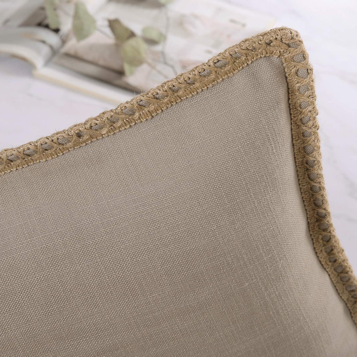 Pack of 2 Farmhouse Decorative Throw Pillow Covers Burlap Linen Trimmed Tailored Edges ,for Couch Sofa Living Room Decor - Beige