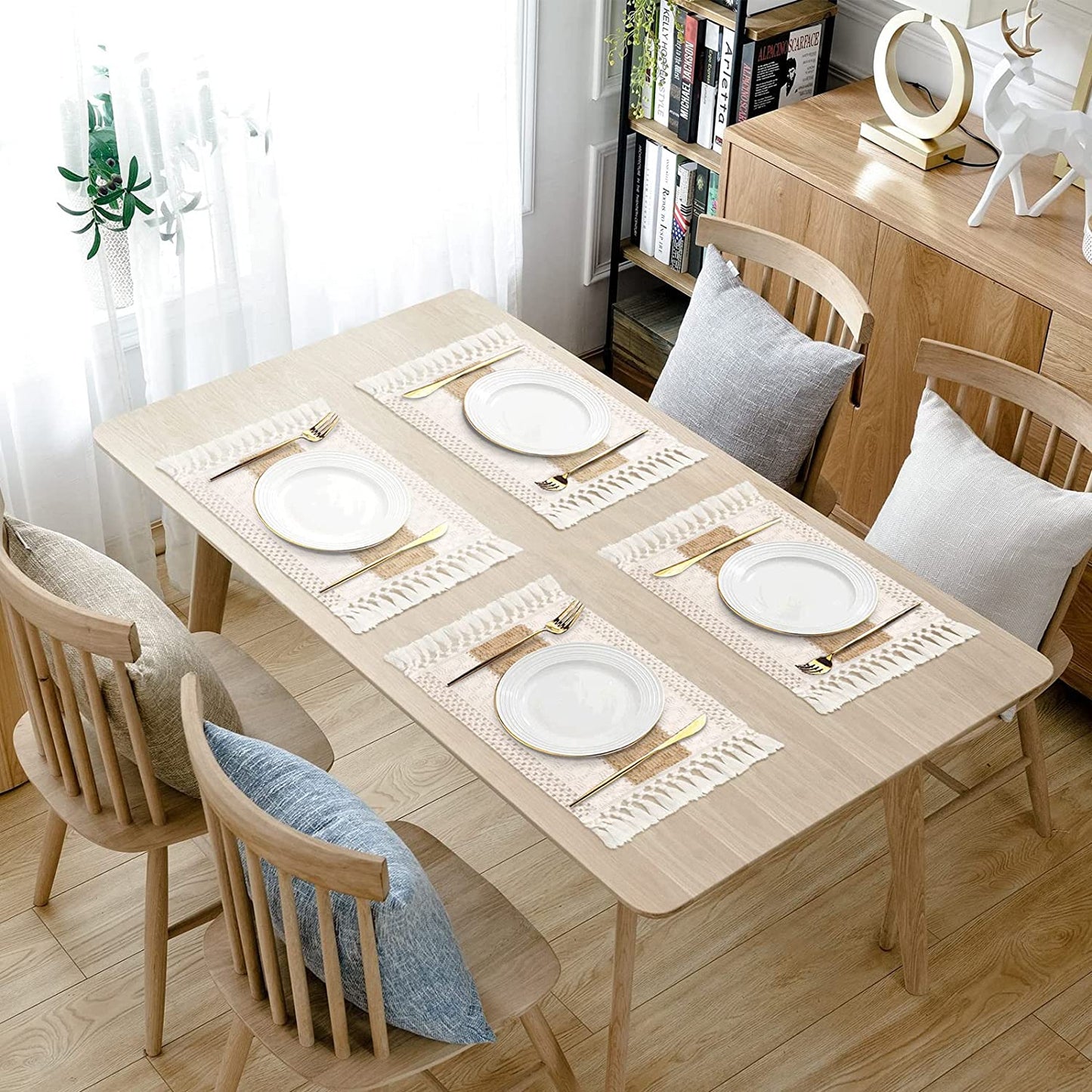 Placemats Set of 4/6/8, Cream Beige Boho Place Mats with Tassels, Hand Woven Cotton and Burlap Splicing