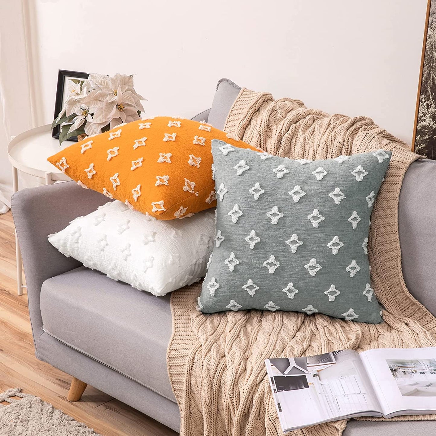 Velvet Throw Pillow Diamond Jacquard Soft Couch Pillows Set of 2 (Inserts + Pillow Covers, Orange)