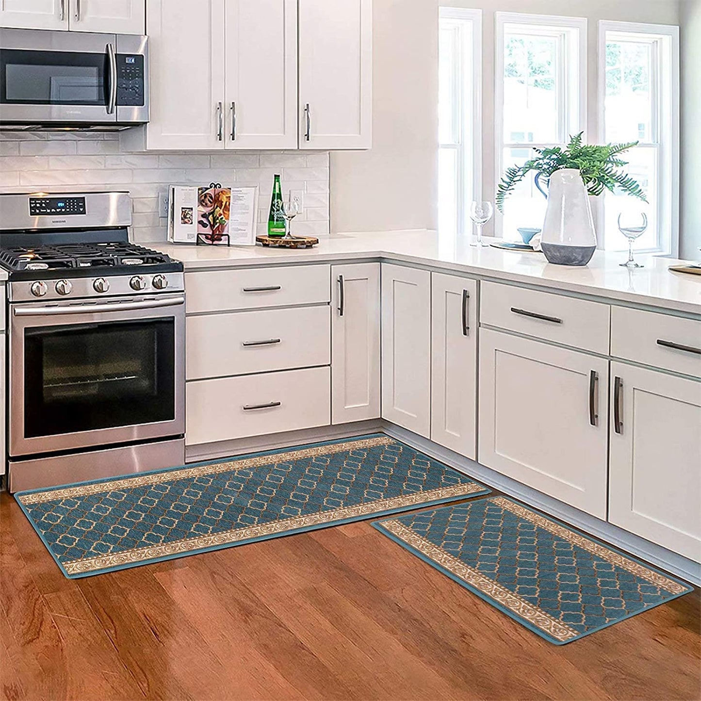 Kitchen Rugs 2 Piece Super Absorbent Non Slip Soft Boho Embroidered Rug Runner, Blue