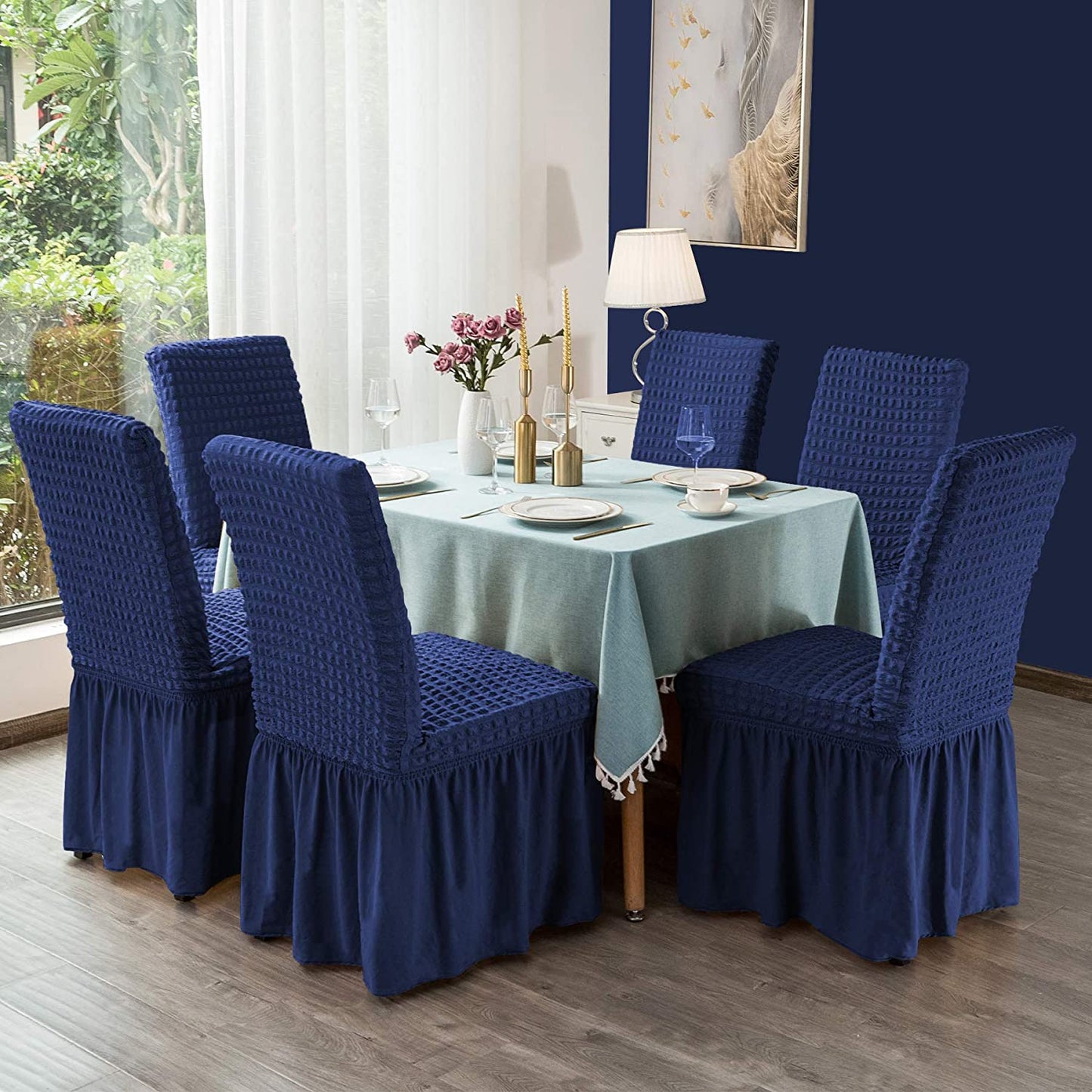 Stretchy Dining Room Chair Covers with Long Skirt, Suitable for families, parties, dirt resistant ,Set of 2/4/6/8 PCS,Navy