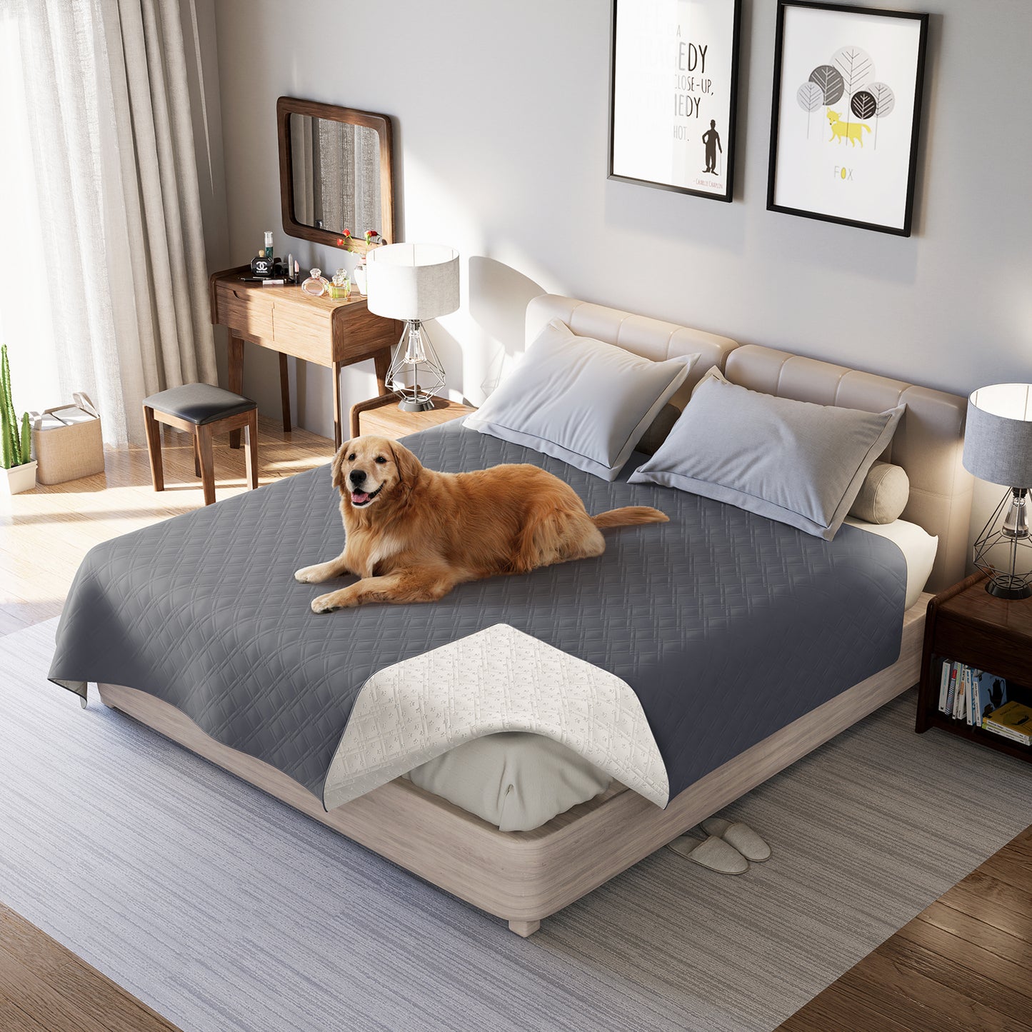 Waterproof Dog Bed Cover Pet Blanket with Anti-Slip Back for Furniture Bed Couch Sofa-Grey