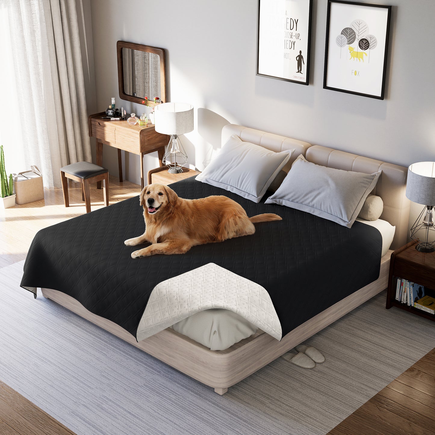 Waterproof Dog Bed Cover Pet Blanket with Anti-Slip Back for Furniture Bed Couch Sofa-Black