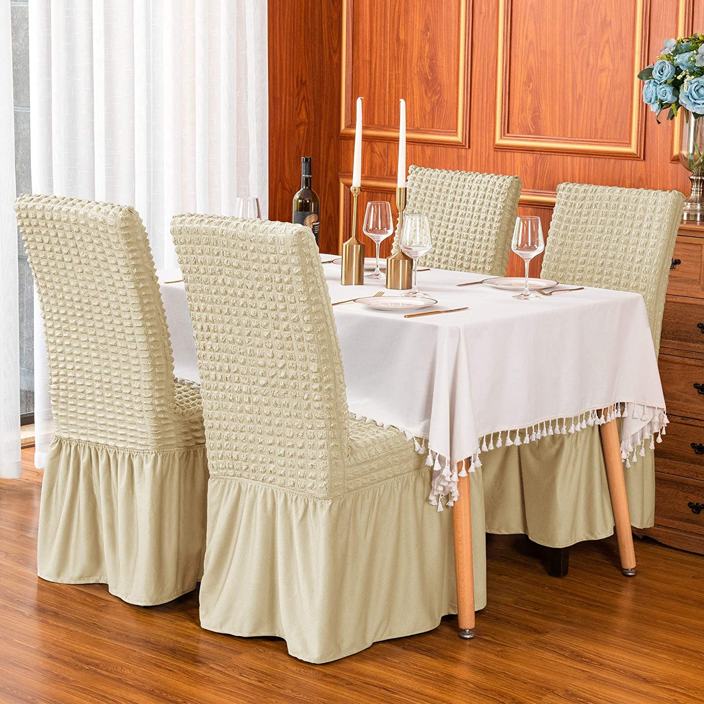 Stretchy Dining Room Chair Covers with Long Skirt, Suitable for families, parties, dirt resistant ,Set of 2/4/6/8 PCS,Light Yellow