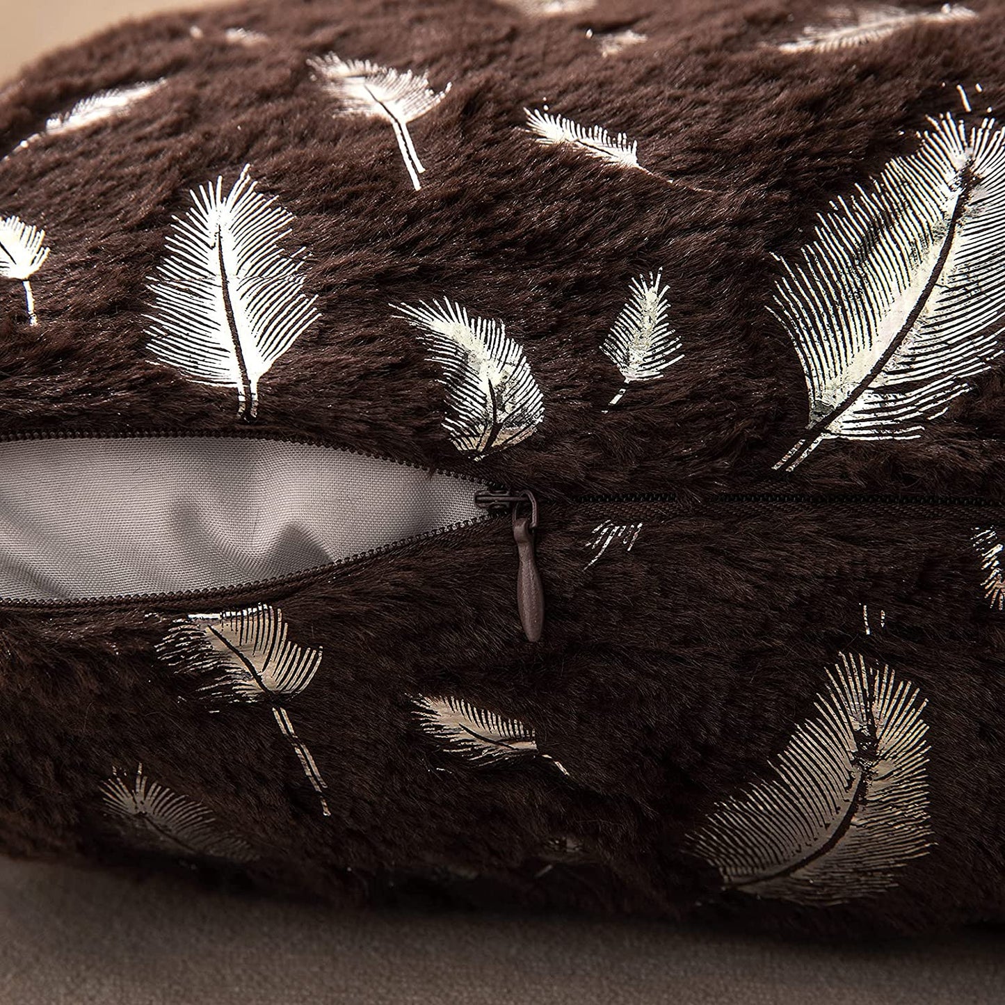 2x Square Throw Pillows Decorative Faux Fur Silver Feathers Silver Leaves Cushion Cases Soft Fluffy(Inserts + Pillow Covers, Coffee)