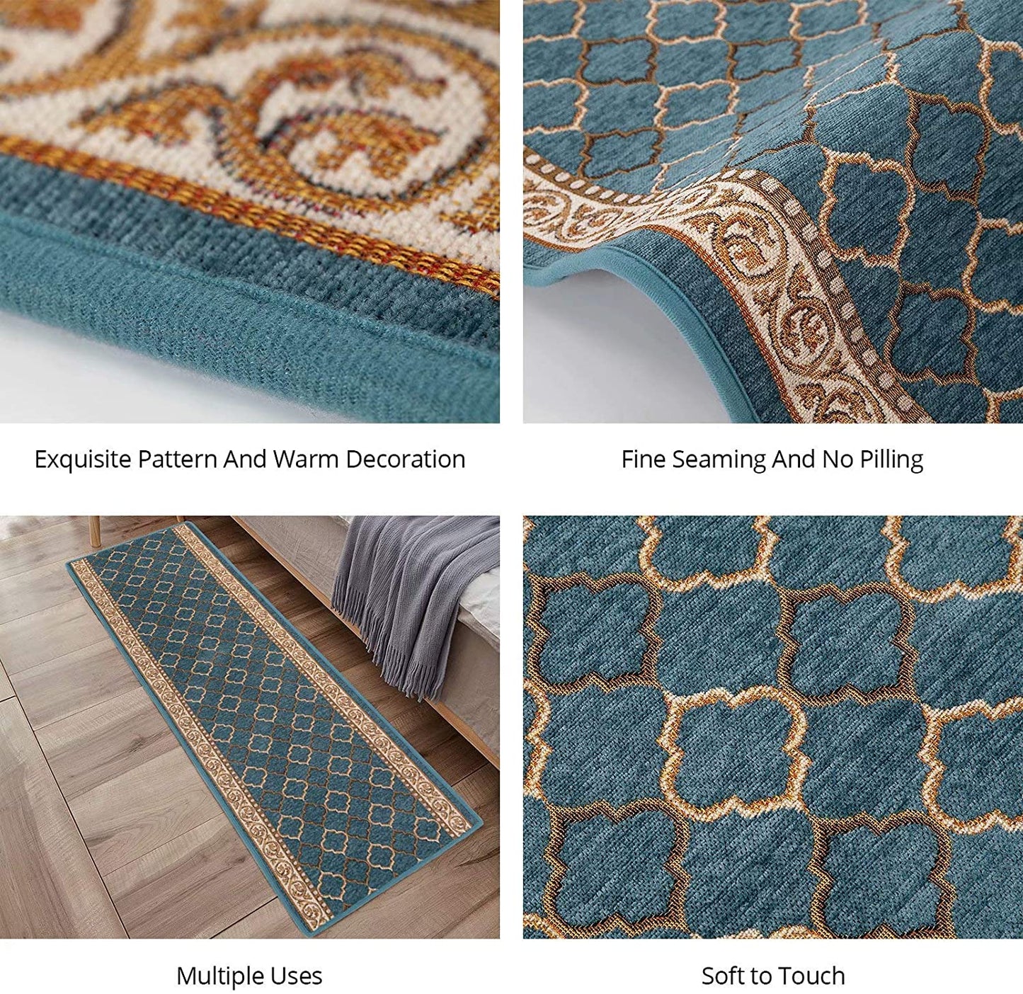 Kitchen Rugs 2 Piece Super Absorbent Non Slip Soft Boho Embroidered Rug Runner, Blue
