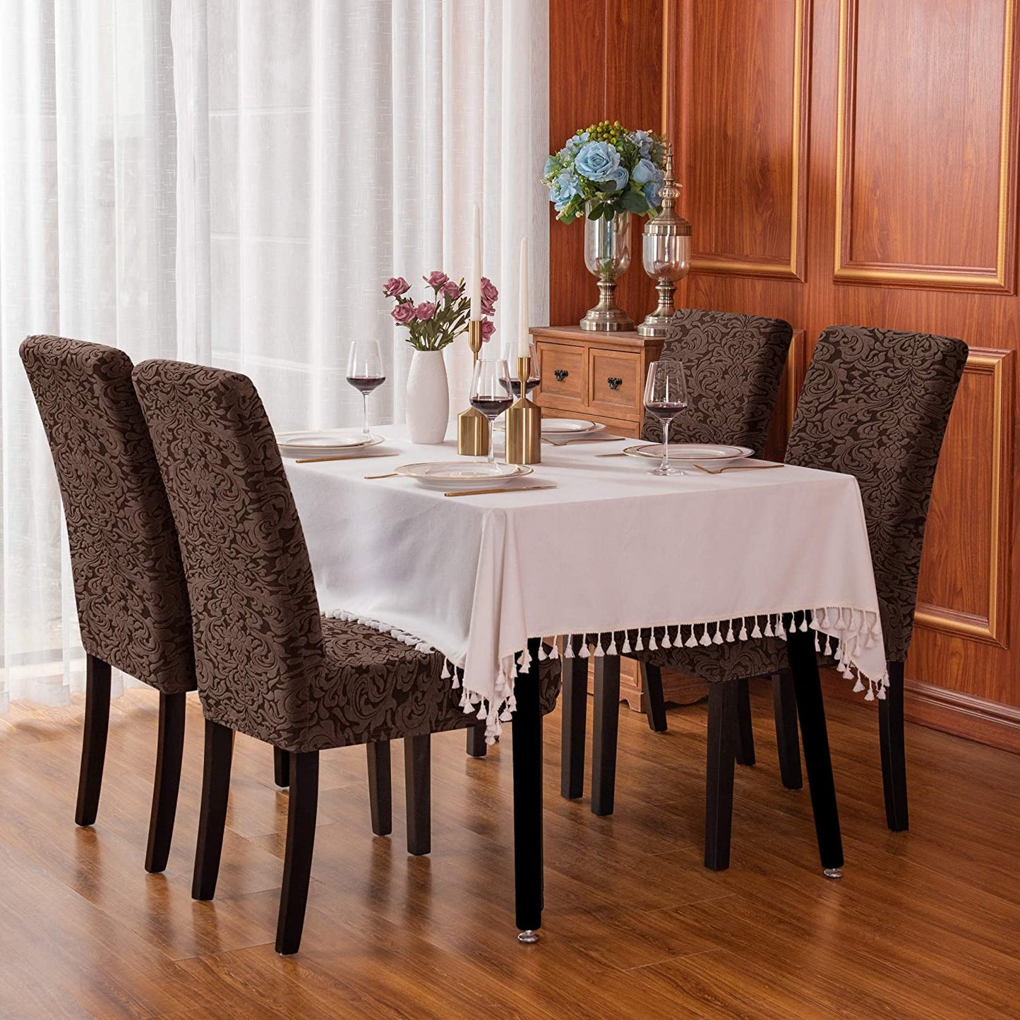 Jacquard Damask Dining Chair Slipcovers Stretch High Back Chair Protector for Kitchen (2/4/6/8pcs, Brown)