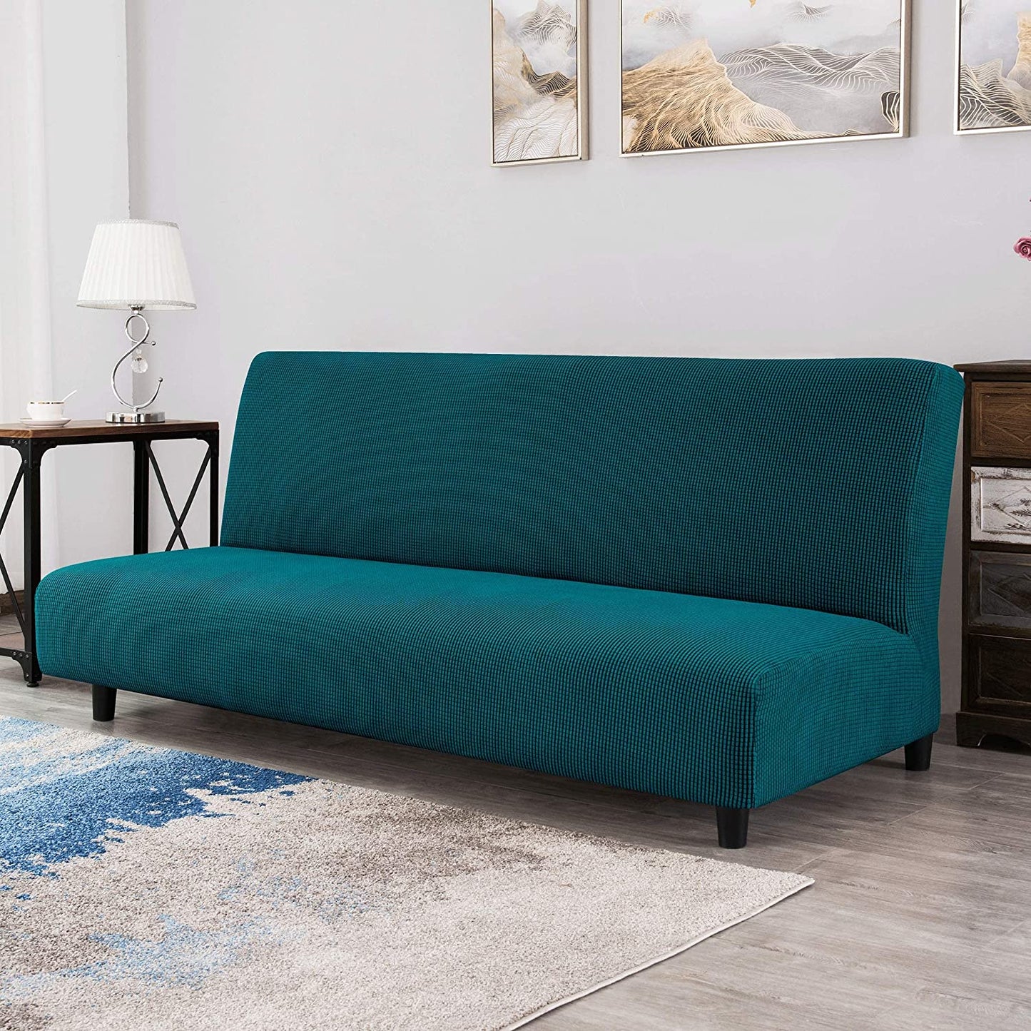Stretch Armless Sofa Slipcover Futon Cover with Elastic Bottom, Dark Teal