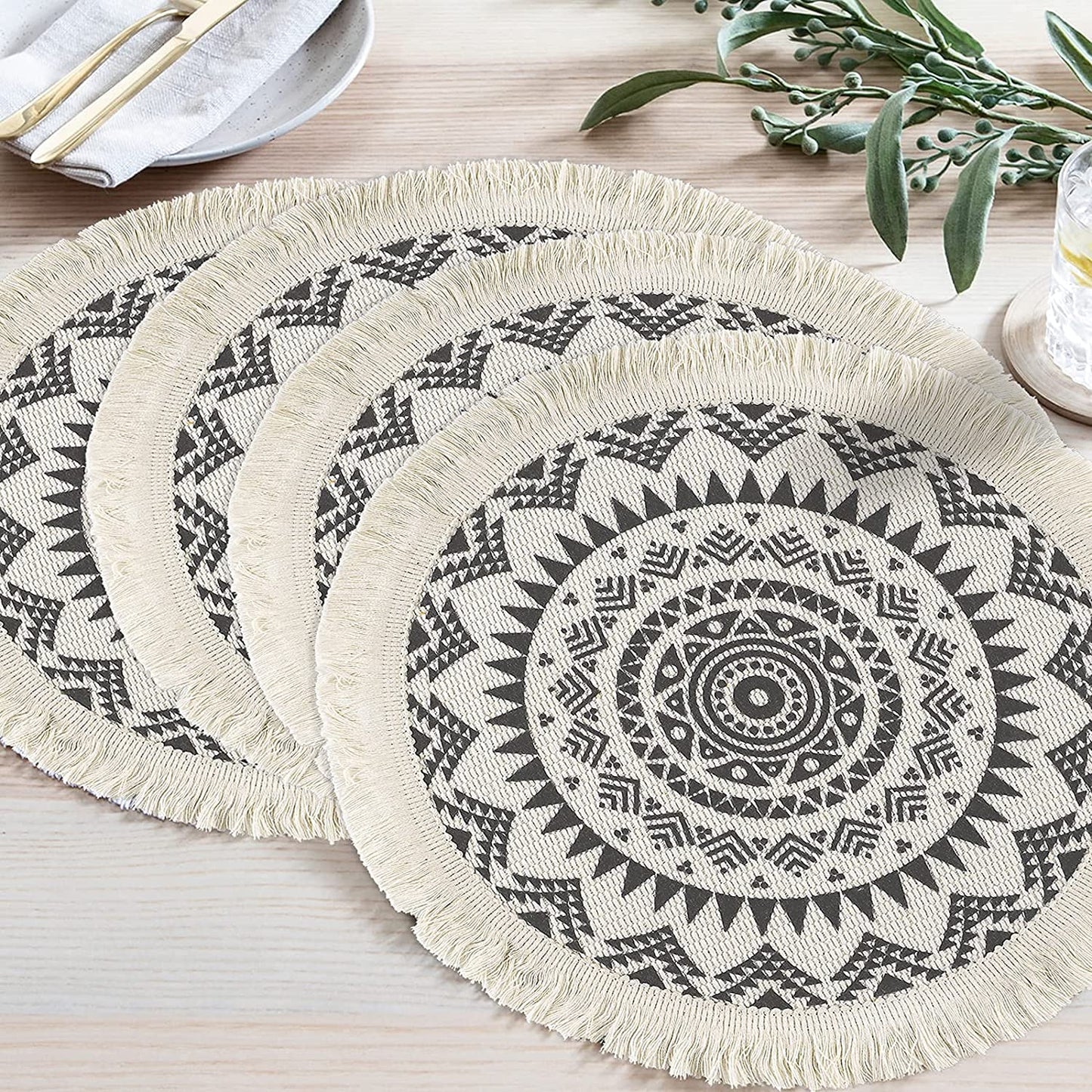 Round Placemats Set of 4/6/8, Boho Cotton Woven Macrame Tassels Table Mats Washable Heat Resistant Neutral Place Mat  (15 Inches,Dark Grey)