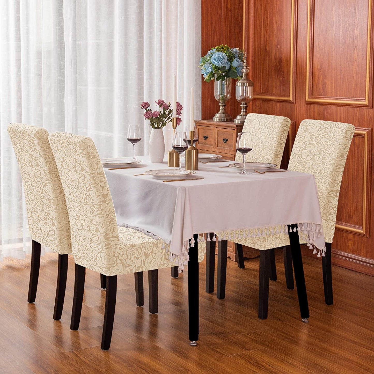 Jacquard Damask Dining Chair Slipcovers Stretch High Back Chair Protector for Kitchen (2/4/6/8pcs, Linen)