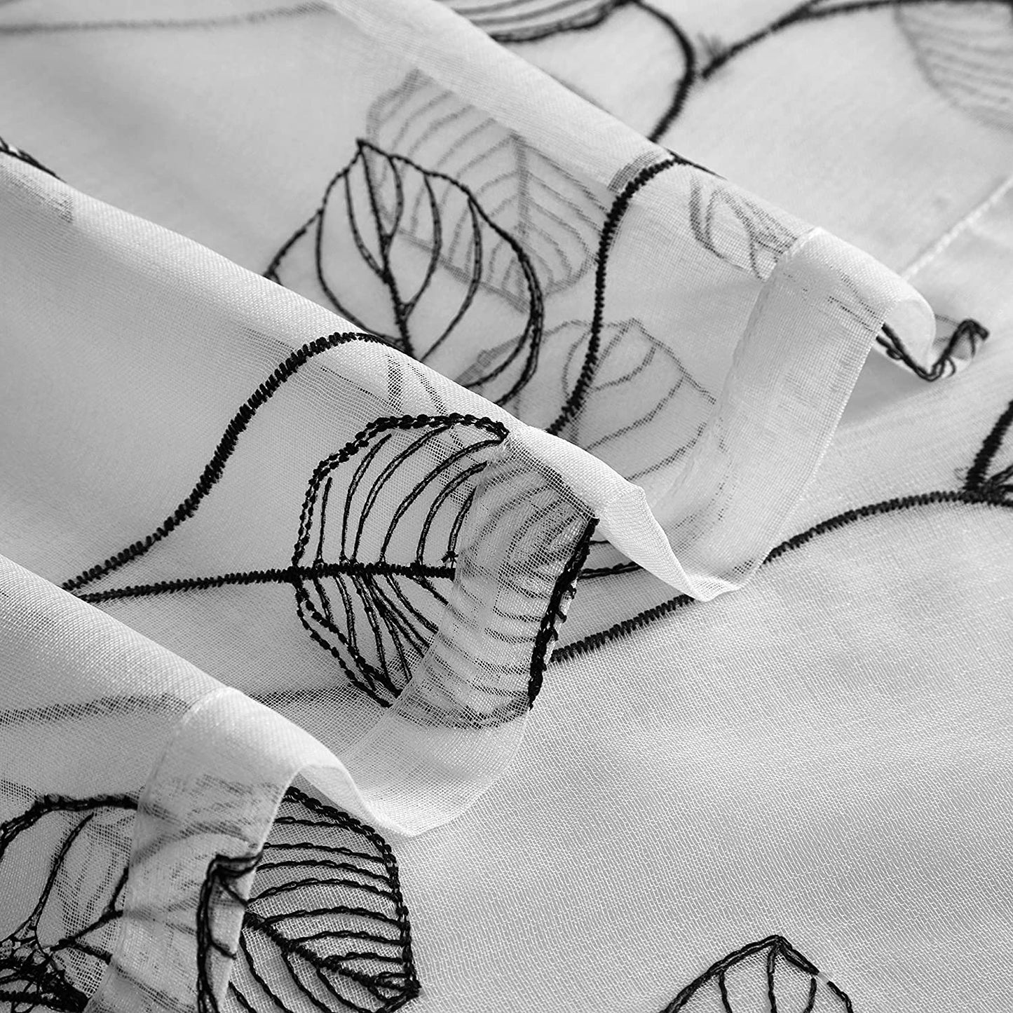 2 Pieces White Sheer Curtains, Embroidered Semi Sheer Grommet Floral Leaf Window Curtains & Drapes for Living Room Kitchen Bedroom Curtains