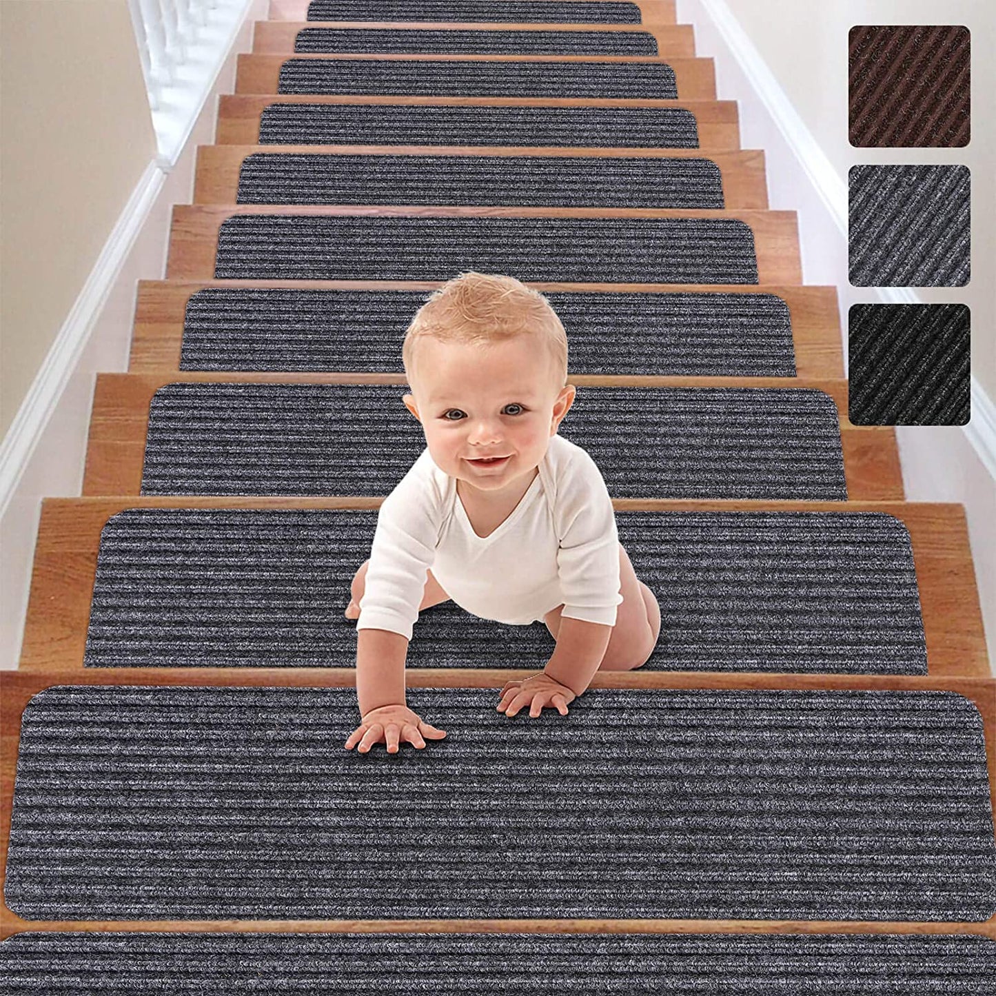 Stair Treads Carpet Non-Slip Indoor Stair Runners for Wooden Steps, Stair Rugs for Kids and Dogs, Set of 15, 8" X 30", Grey