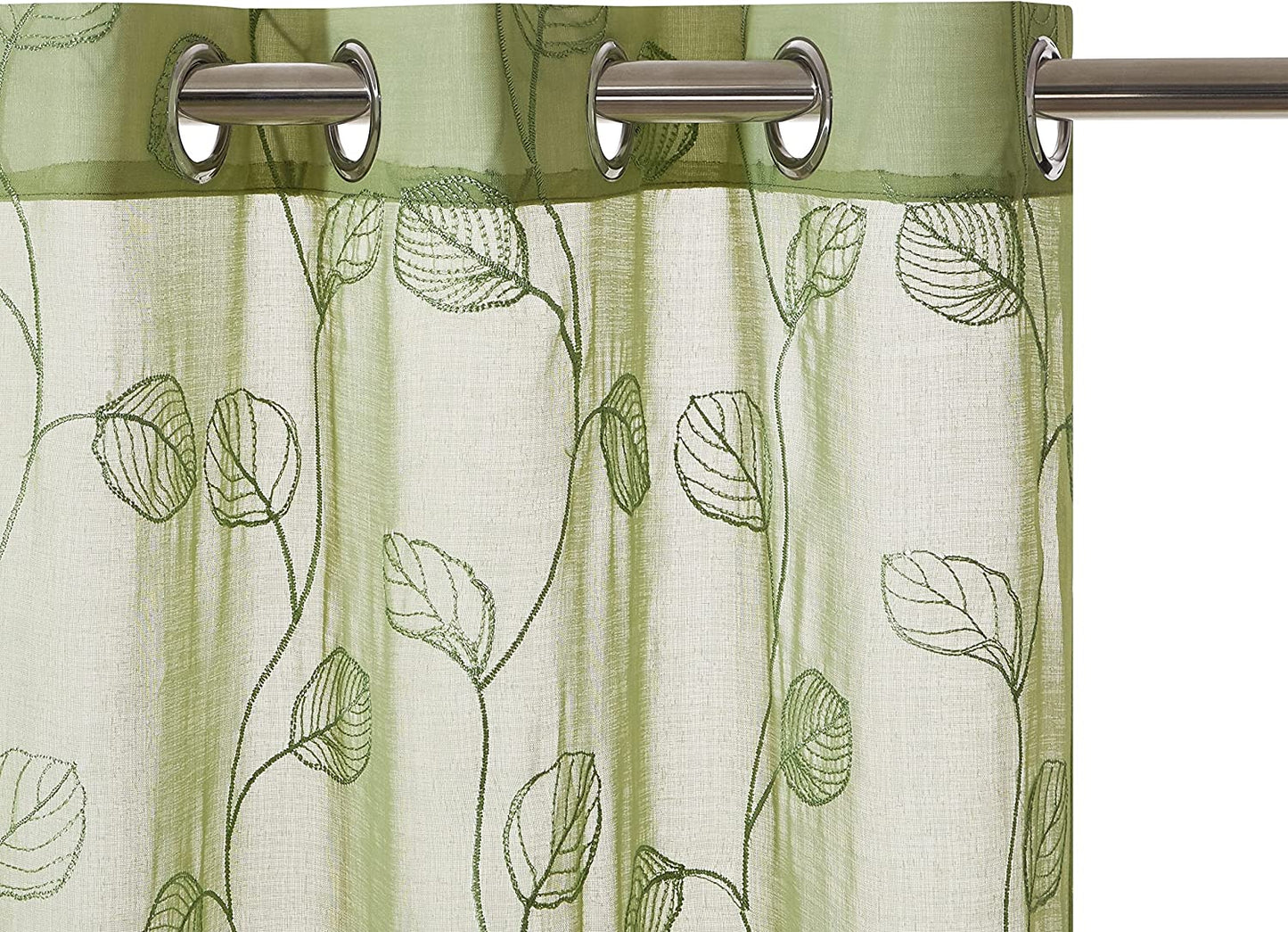 2 Pieces Green Sheer Curtains, Embroidered Semi Sheer Grommet Floral Leaf Window Curtains & Drapes for Living Room Kitchen Bedroom Curtains