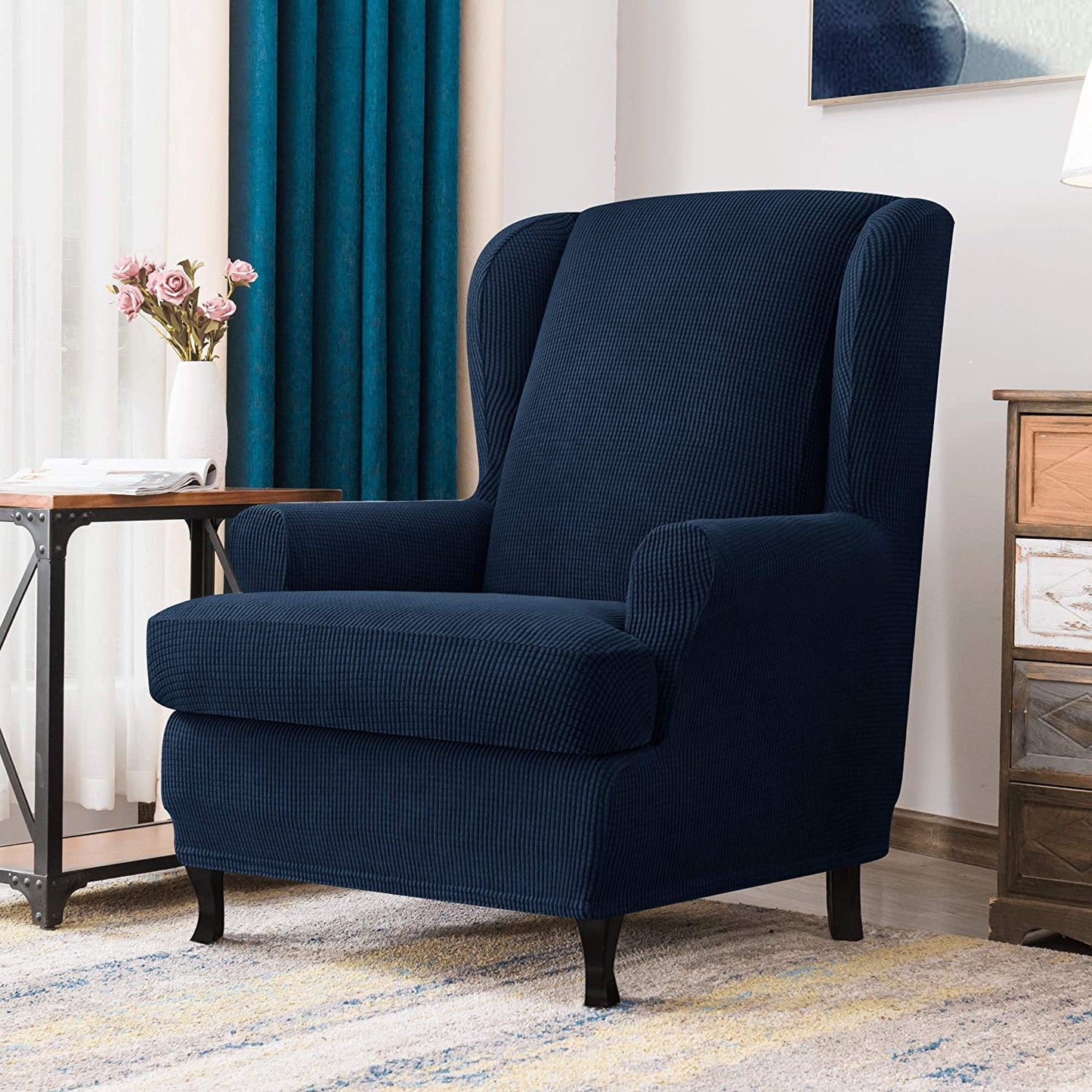 Stretch Wing Chair Sofa Slipcover 2-Piece with Elastic Bottom, Navy