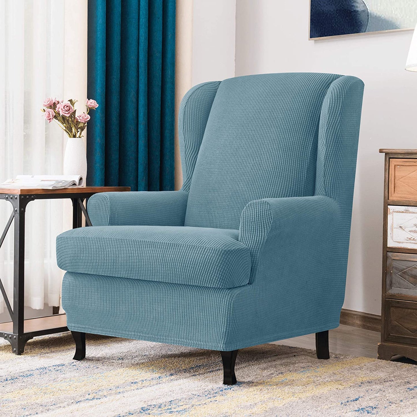 Stretch Wing Chair Sofa Slipcover 2-Piece with Elastic Bottom, Smoky Blue