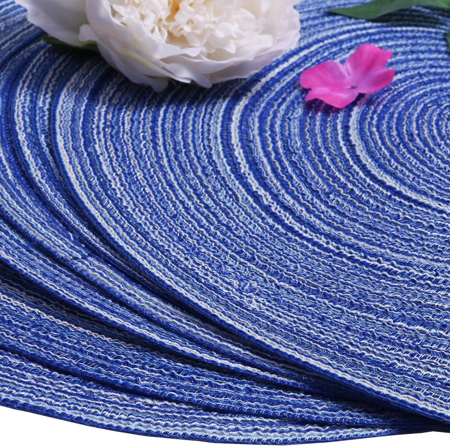Round Placemats Set of 4/6/8 for Dining Tables 14 inch Cotton Braided Placemats Washable Reversible for Kitchen Holiday Party(Blue）