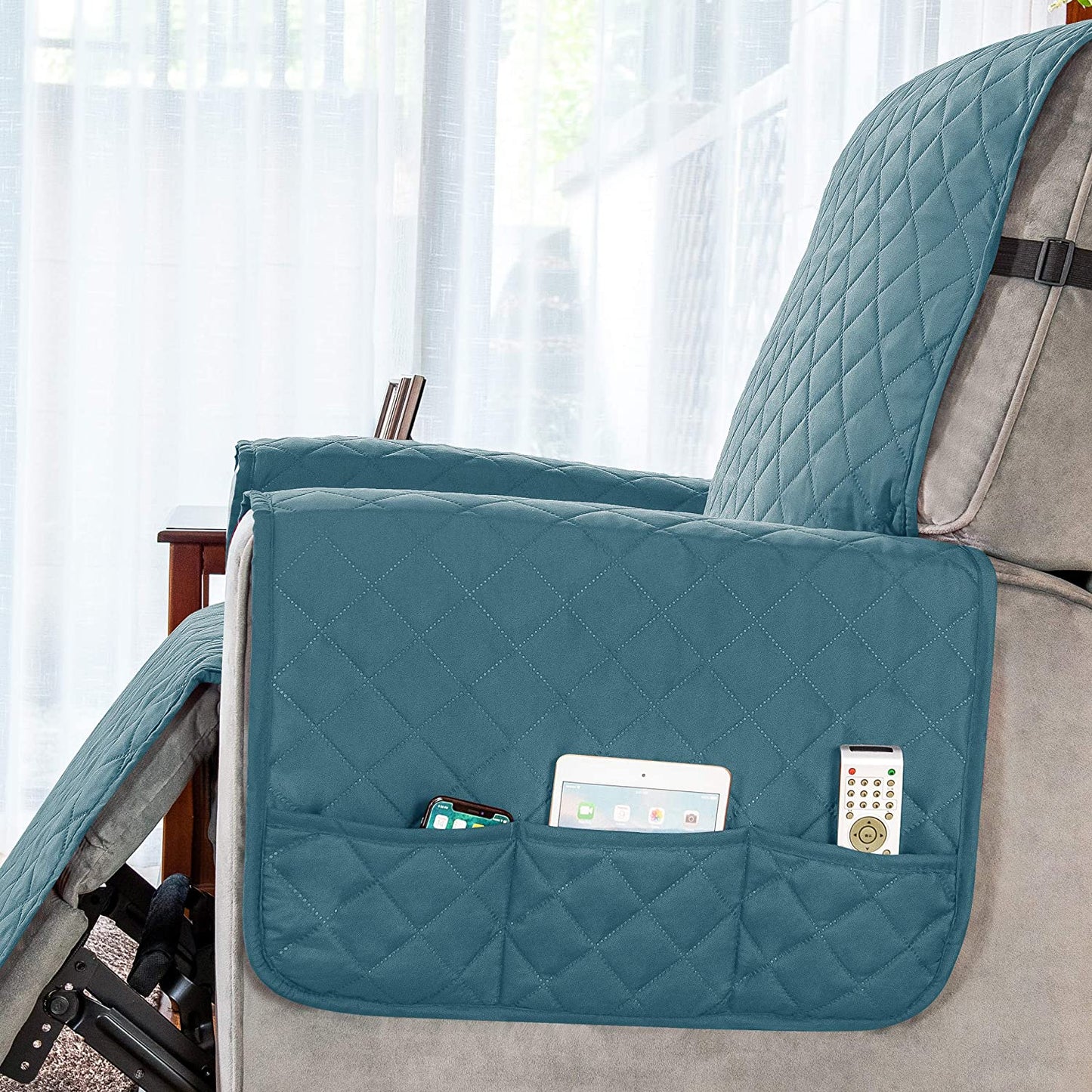 Recliner Chair Covers Fitted Recliner Sofa Slipcovers Reversible Washable Recliner Chair Protector with Elastic Adjustable Strap, Turquoise/White